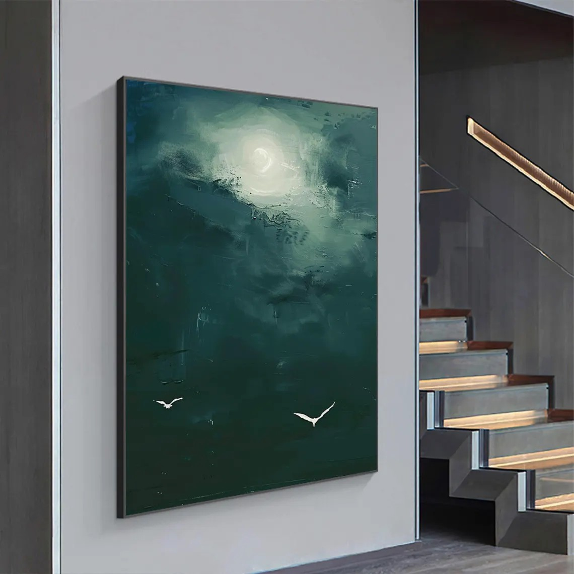 Green Sky Abstract, Minimalist Bird Art, Modern Decor #BGA 094