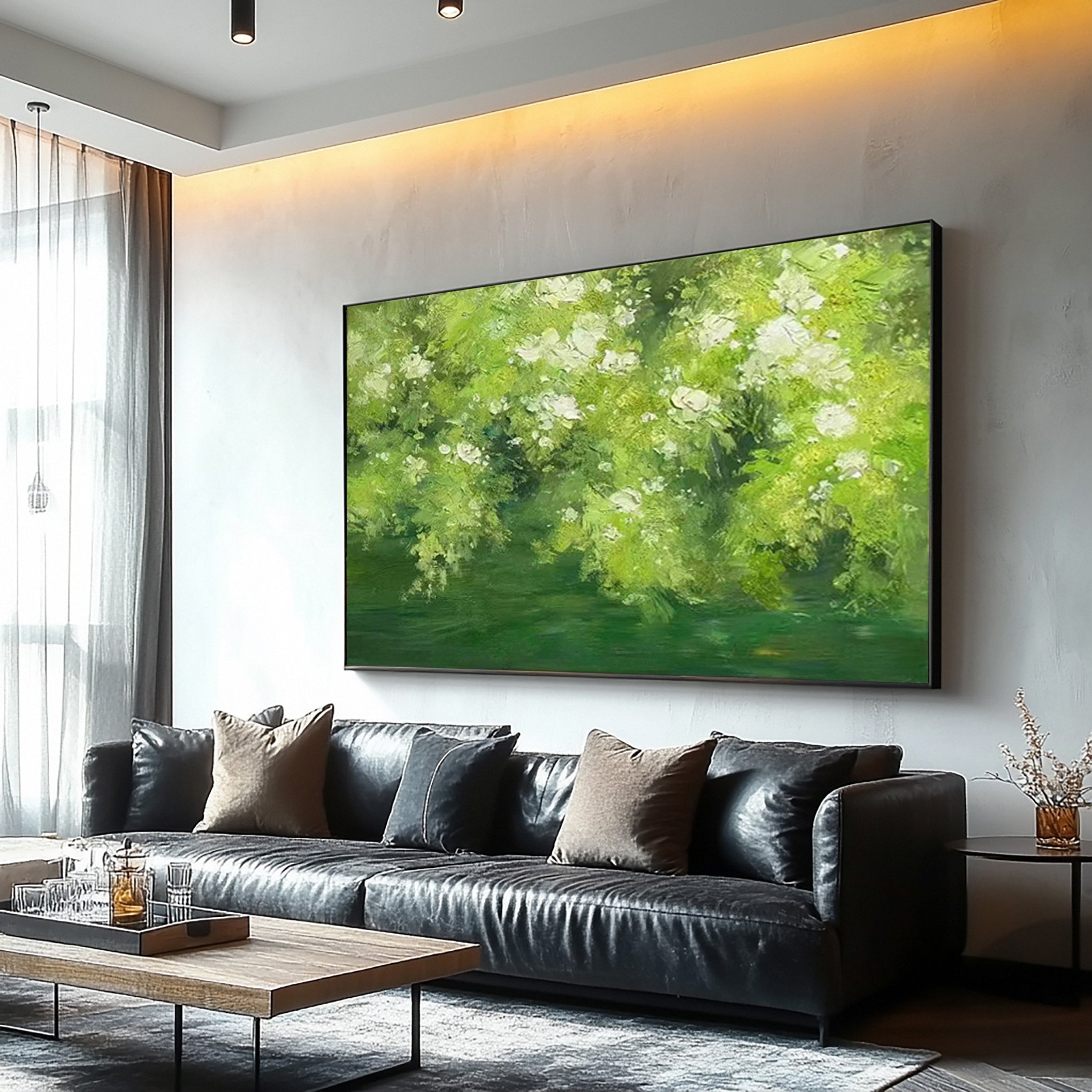 Expressive Canvas of Vibrant Green Foliage and White Flowers #BGA 272