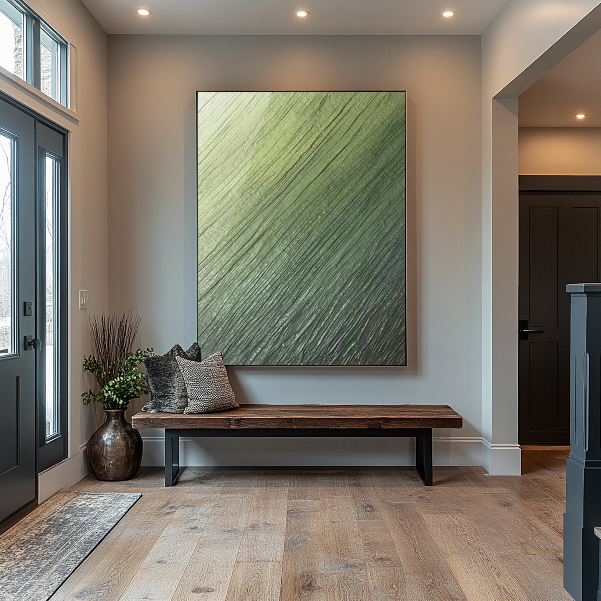 Contemporary Abstract Painting with Diagonal Green Striations #BGA 257