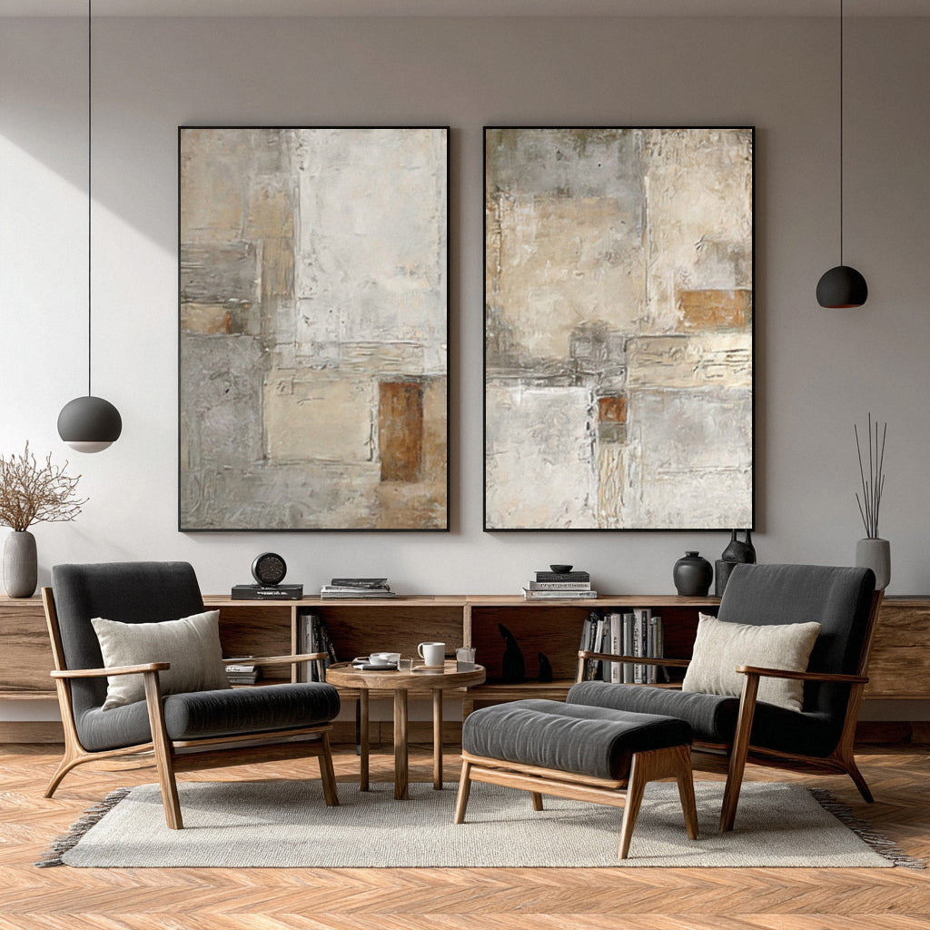 Large Beige & Gray Abstract Wall Decor Set of 2  #WG 014