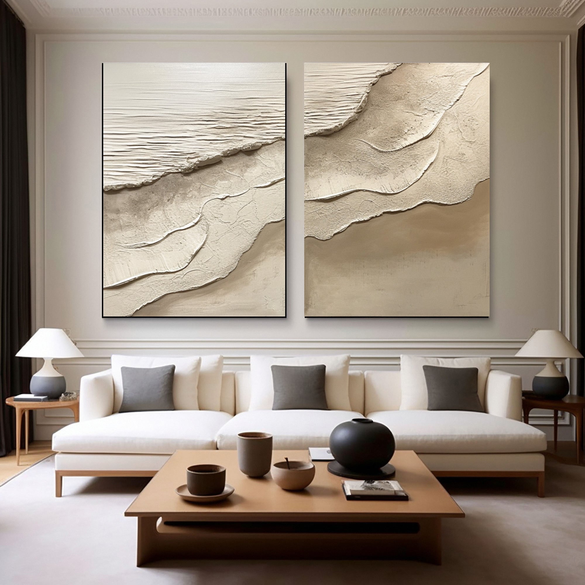 Minimalist Neutral Beach Diptych with Tactile Sand Patterns #BGA 217