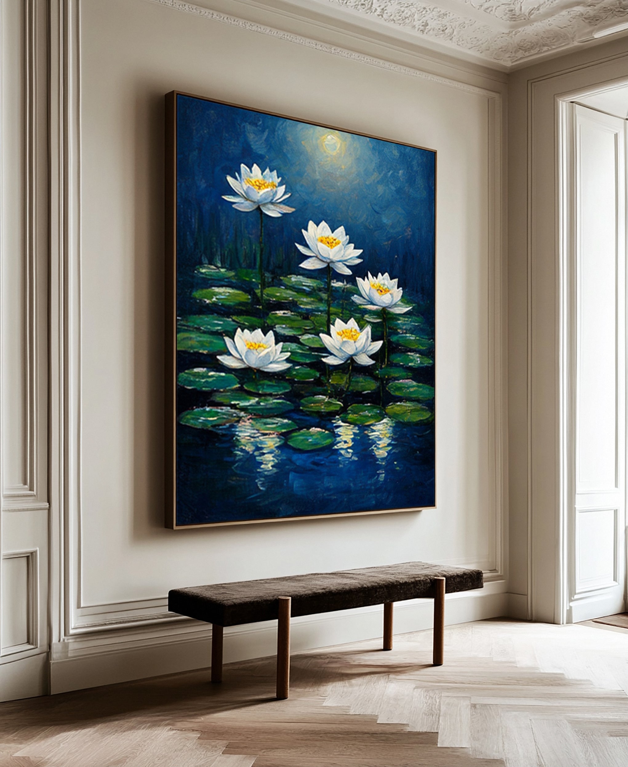 Modern Painting with Soft Light Illuminating Lilies on Dark Water #BGA 277