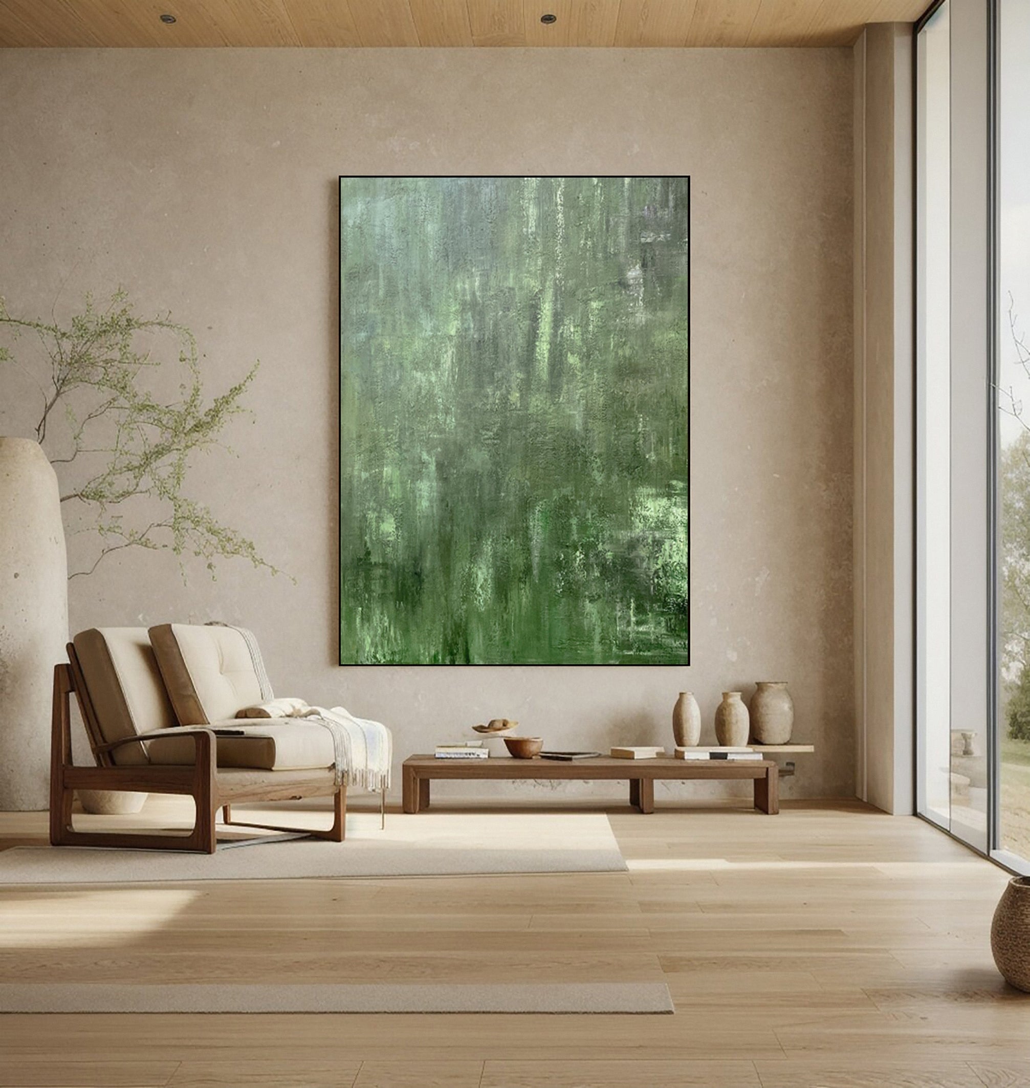 Minimalist Abstract with Textured Brushstrokes in Calm Greens #BGA 216