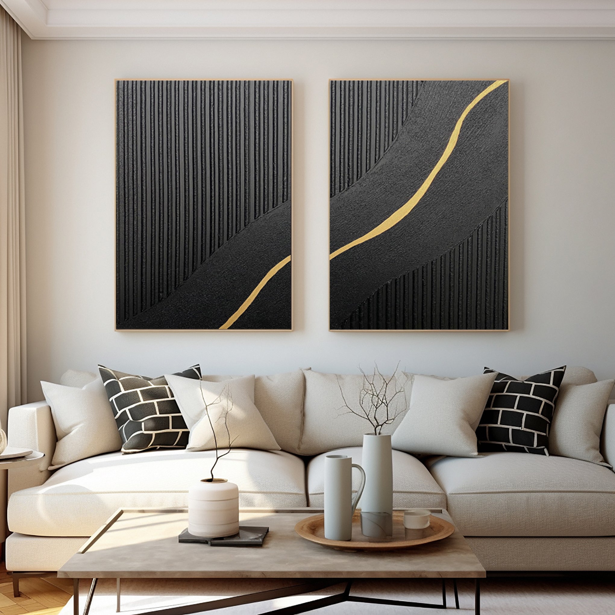 Contemporary Black Impasto Diptych with Flowing Gold Current #BGA 228