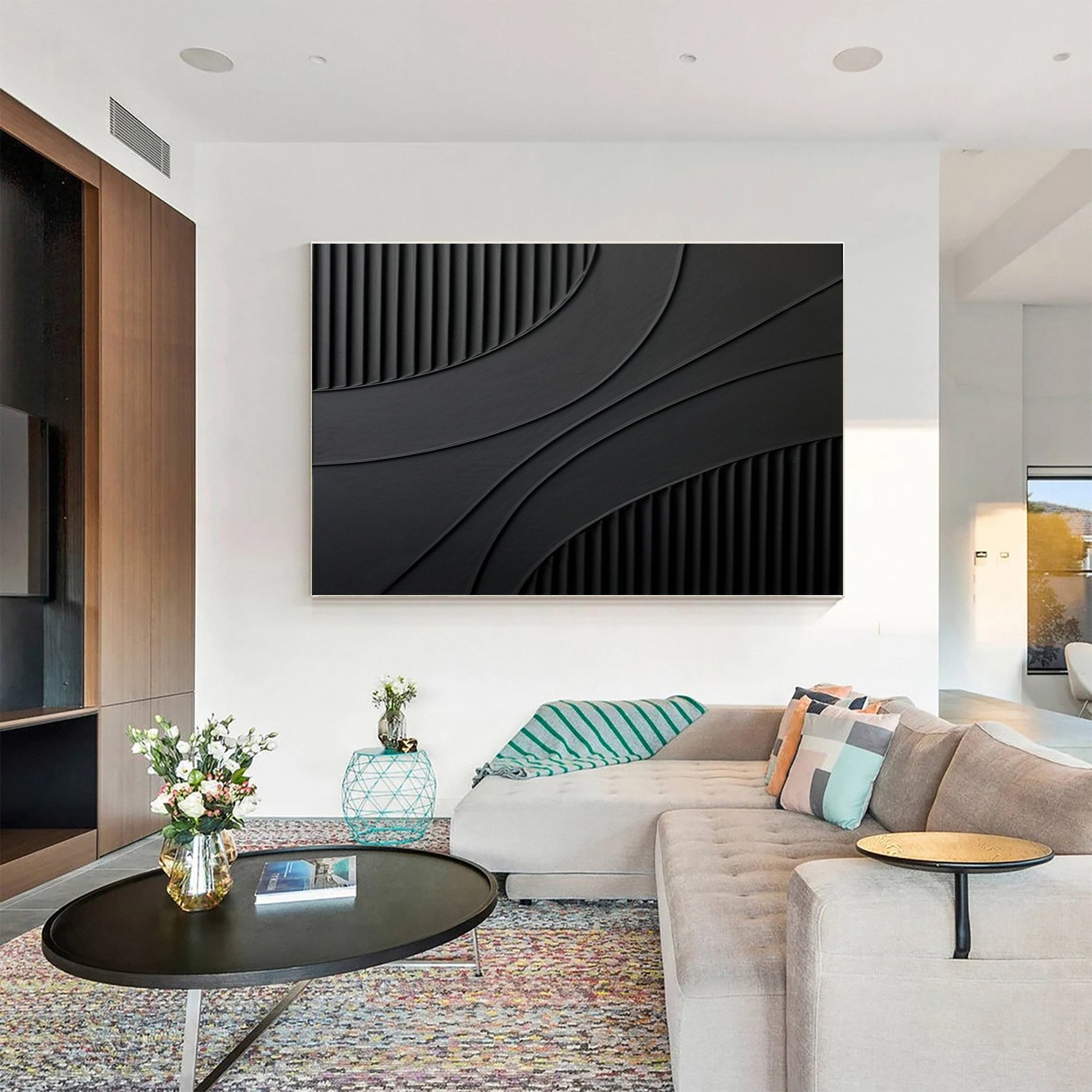 Large Black Art with Sculpted Lines and Overlapping Shapes #BGA 247