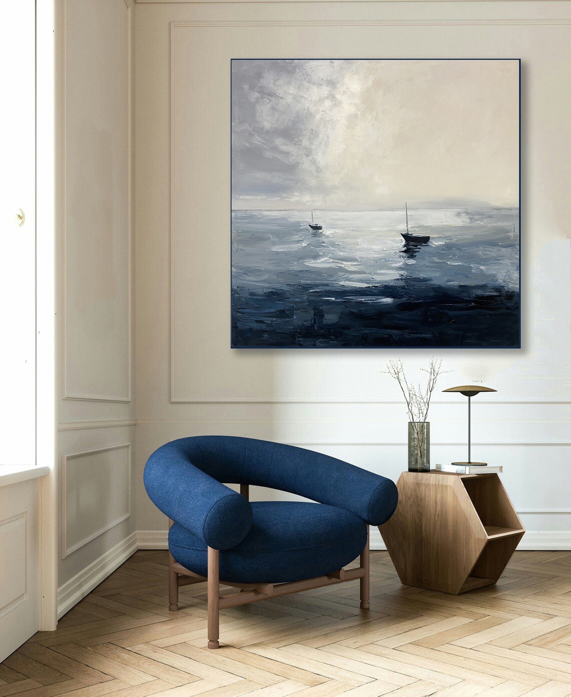 Minimalist Marine Art with Two Boats on a Calm, Cloudy Sea #BGA 280