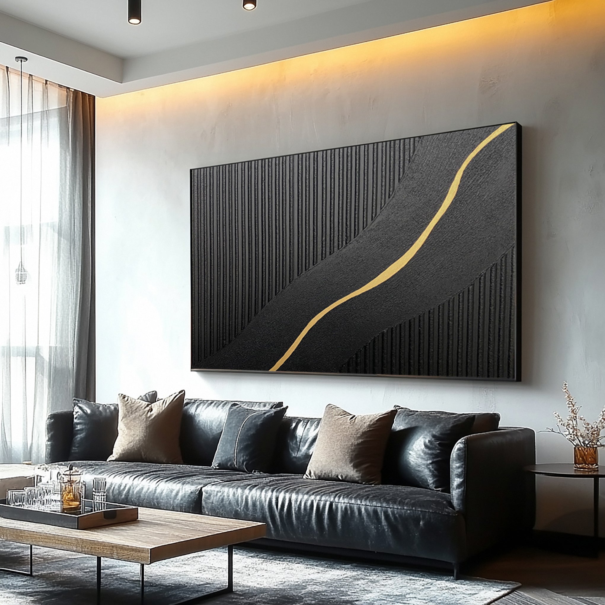 Contemporary Black Impasto with a Diagonal Line of Gold #BGA 227