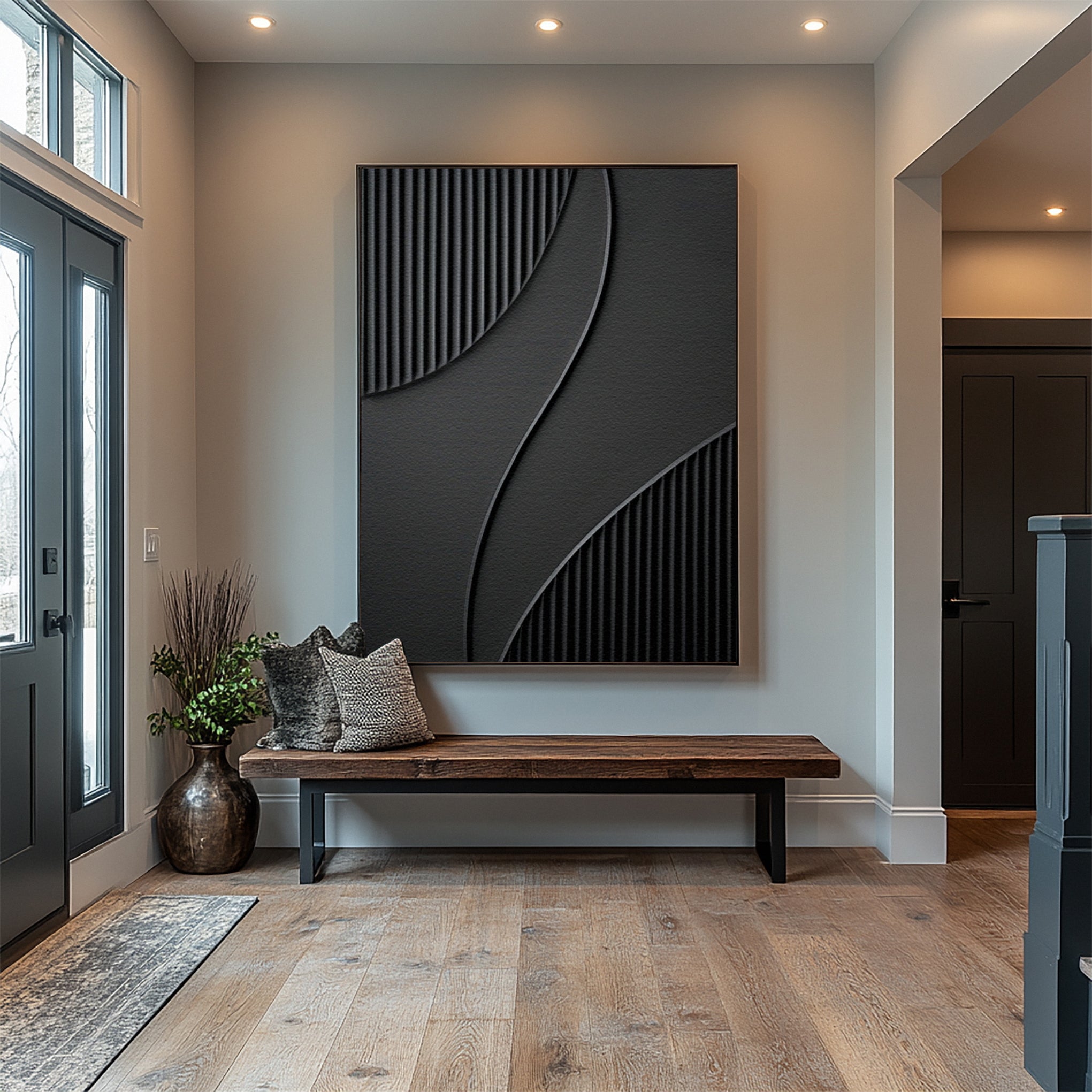 Modern Painting with Tactile Grooves and Flowing Black Forms #BGA 245