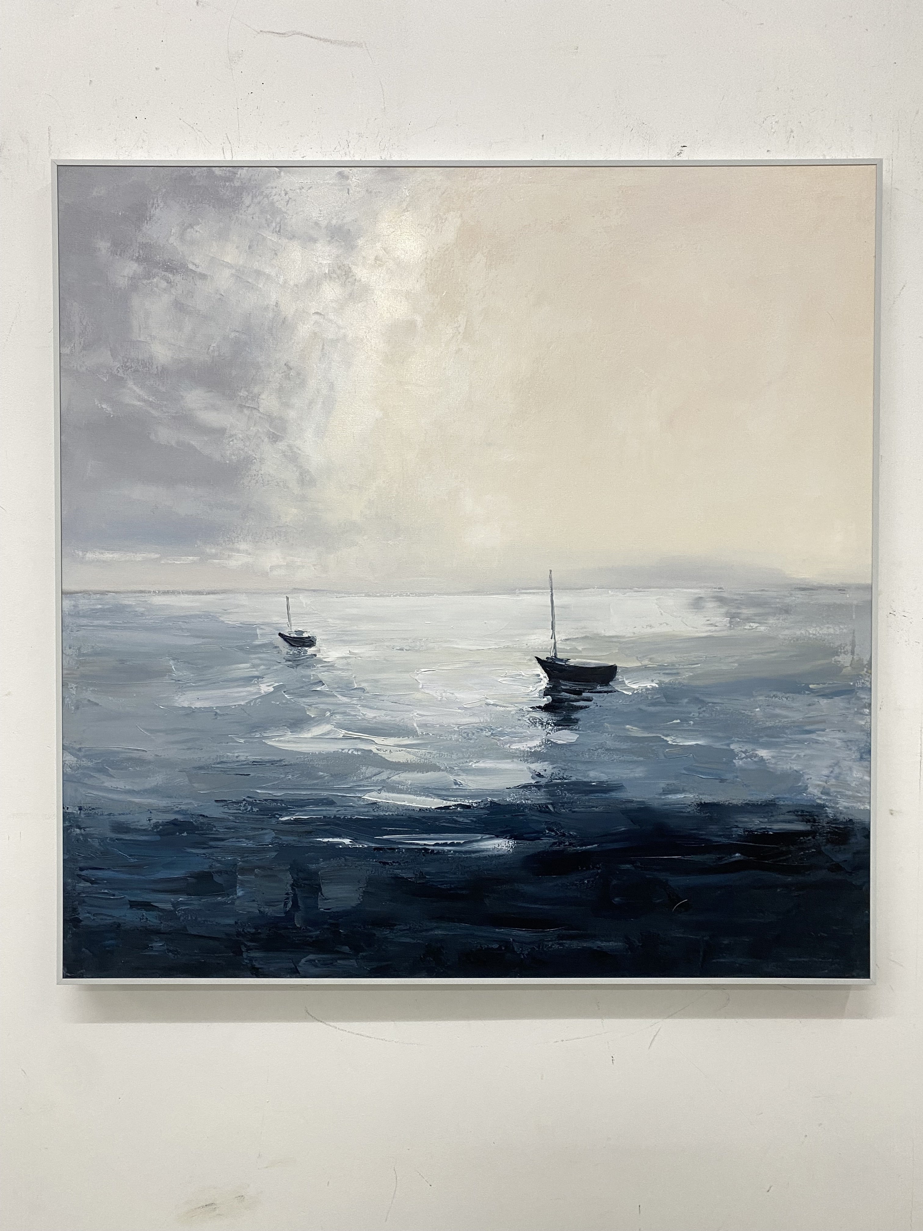 Minimalist Marine Art with Two Boats on a Calm, Cloudy Sea #BGA 280