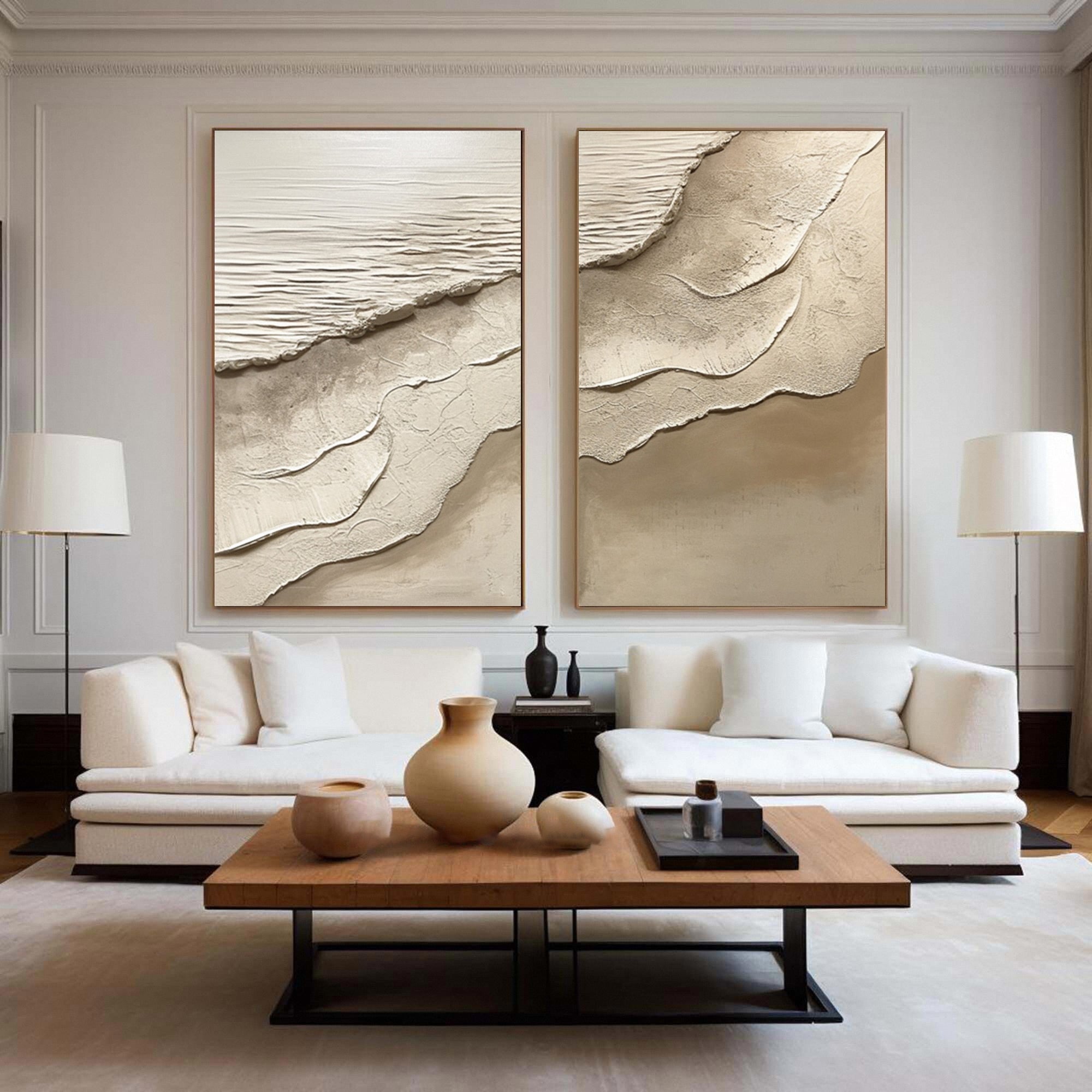 Minimalist Neutral Beach Diptych with Tactile Sand Patterns #BGA 217