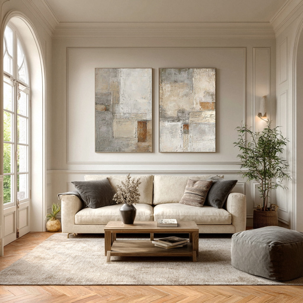 Large Beige & Gray Abstract Wall Decor Set of 2  #WG 014