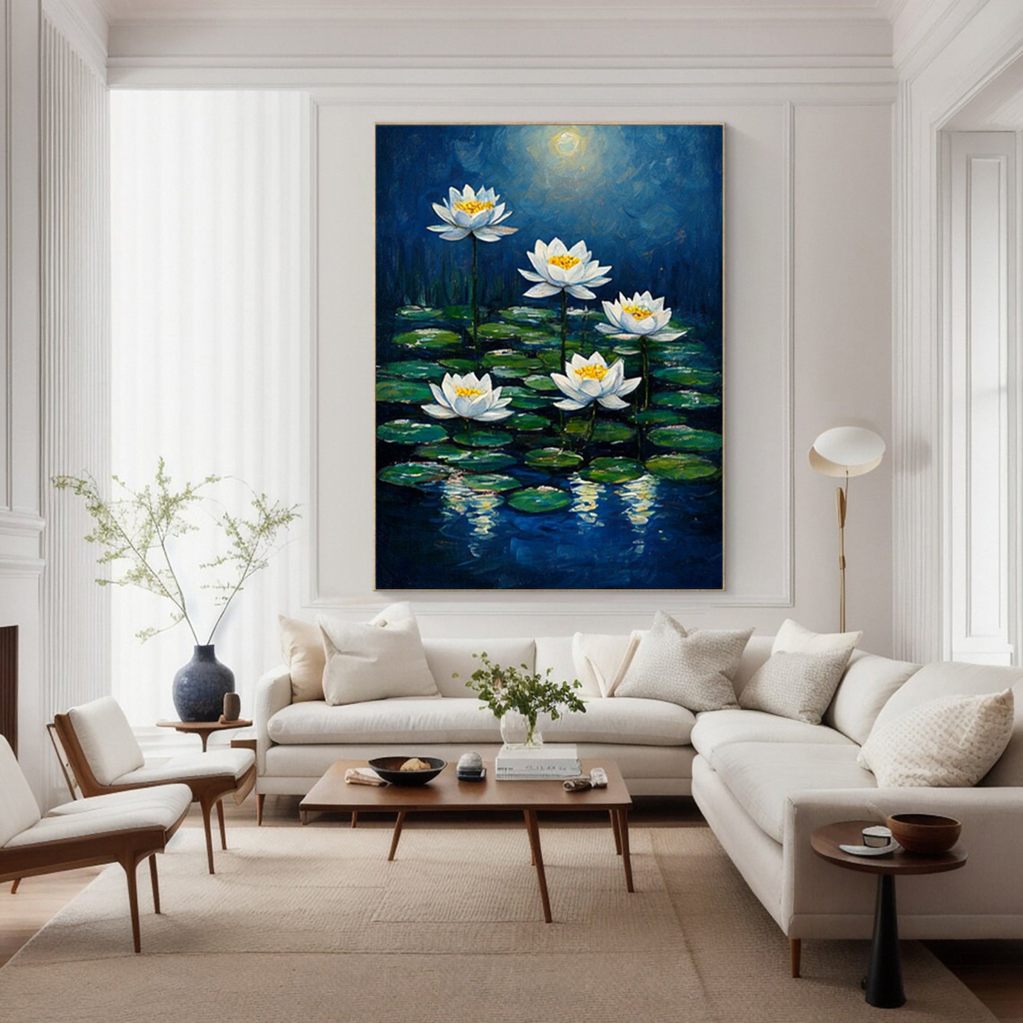 Modern Painting with Soft Light Illuminating Lilies on Dark Water #BGA 277