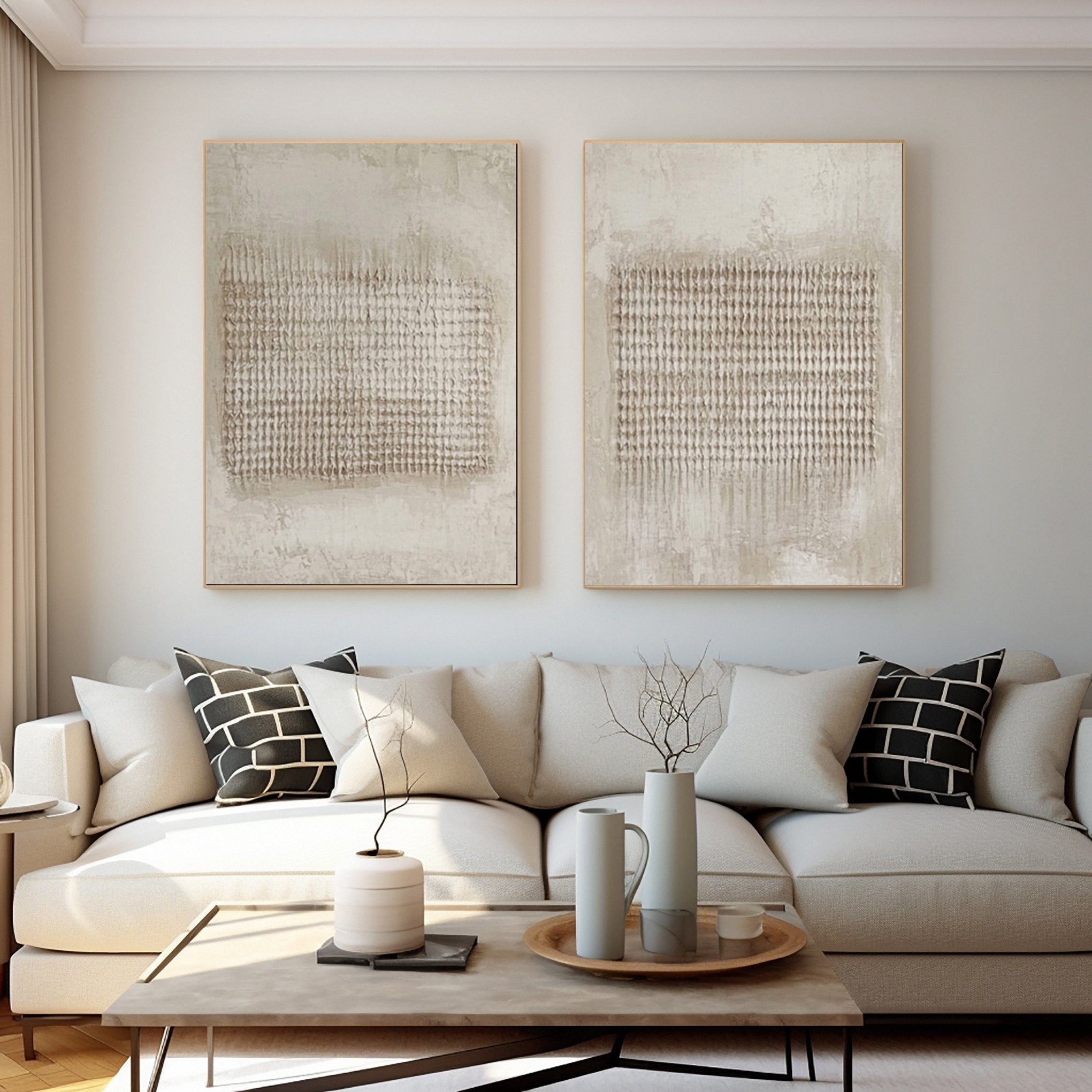 Modern Abstract Diptych with Textured Vertical Inscriptions #BGA 240