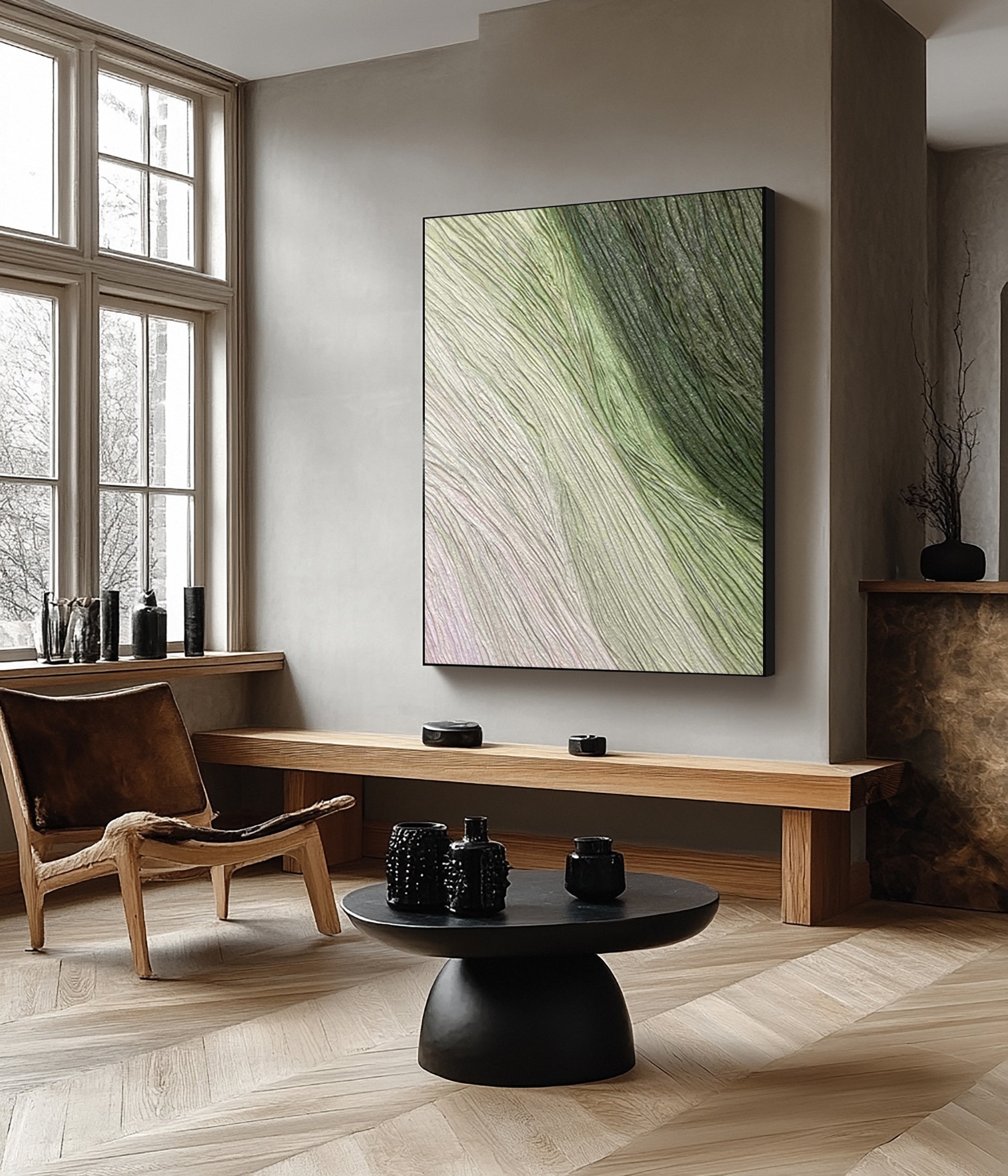 Green Modern Abstract Canvas with Gentle Textured Lines #BGA 267