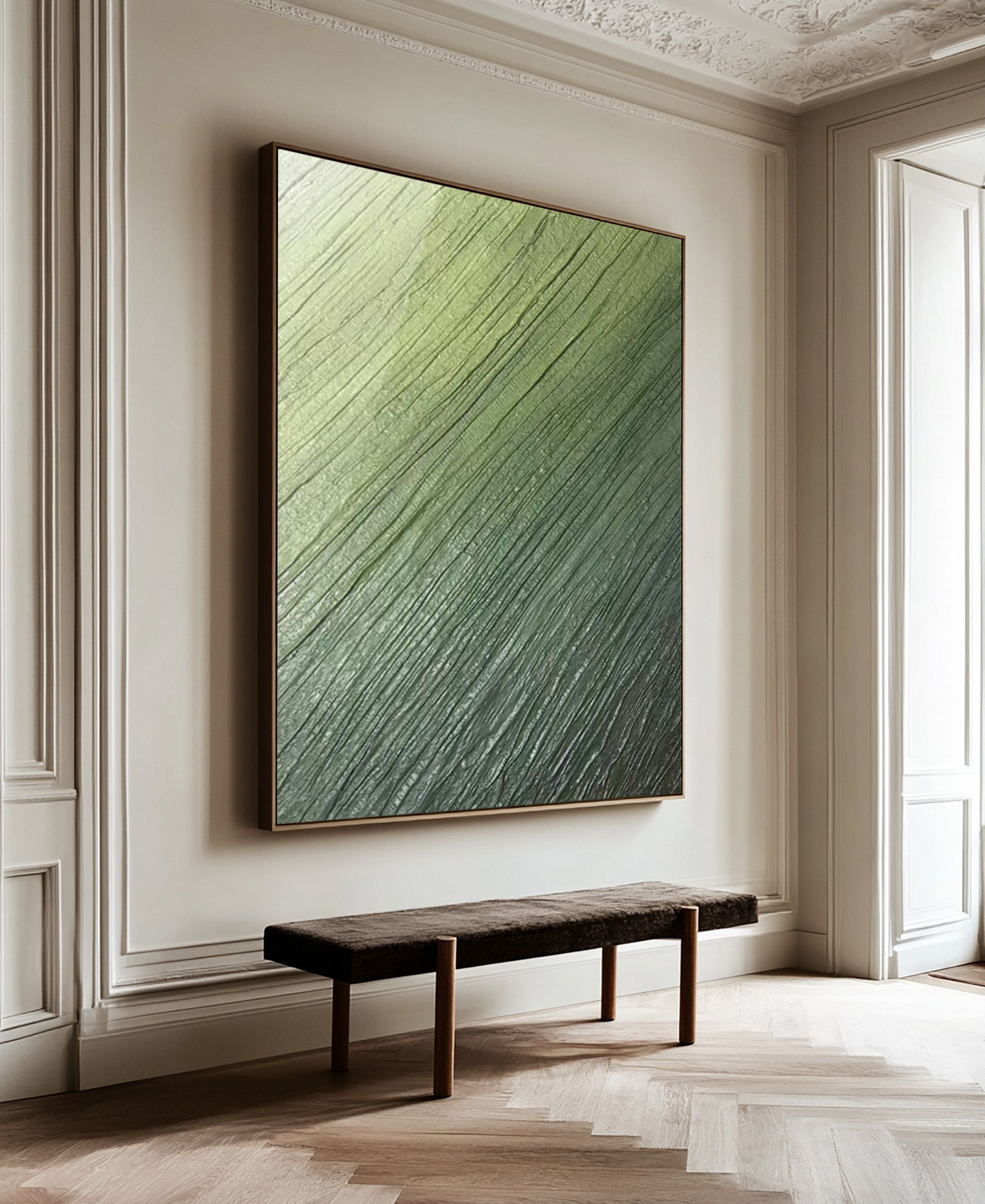 Contemporary Abstract Painting with Diagonal Green Striations #BGA 257
