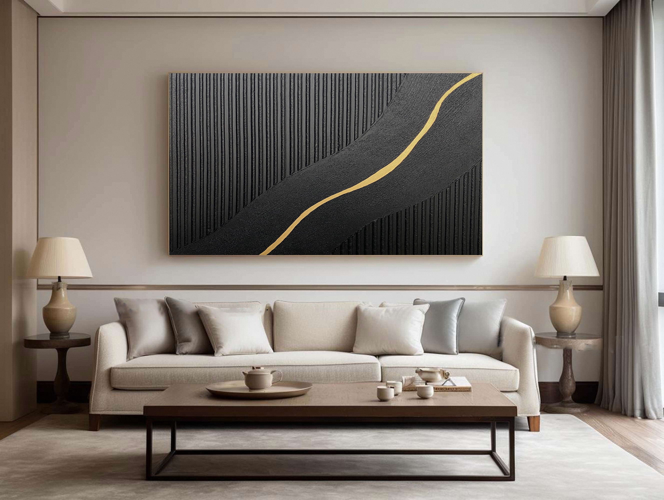 Contemporary Black Impasto with a Diagonal Line of Gold #BGA 227