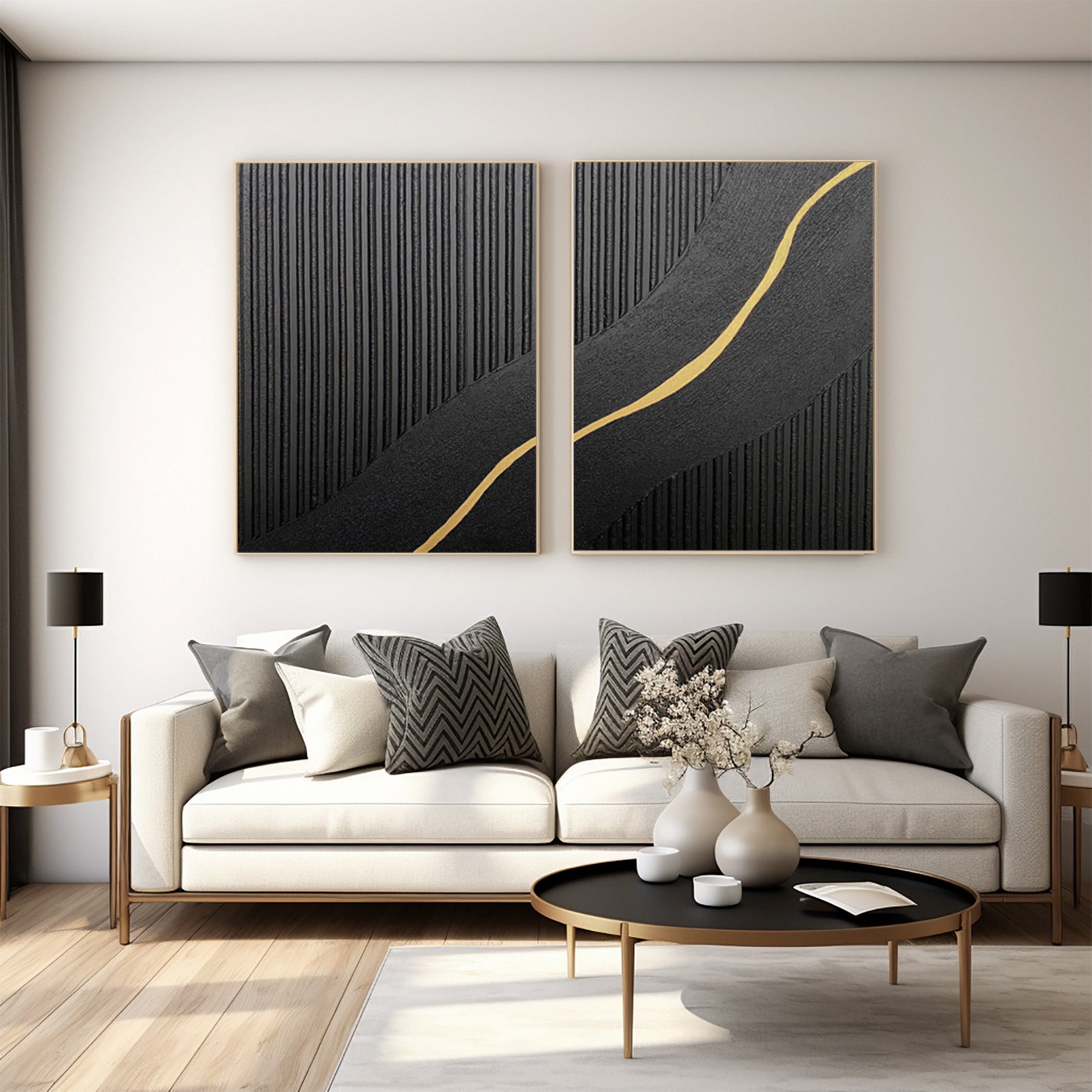 Contemporary Black Impasto Diptych with Flowing Gold Current #BGA 228
