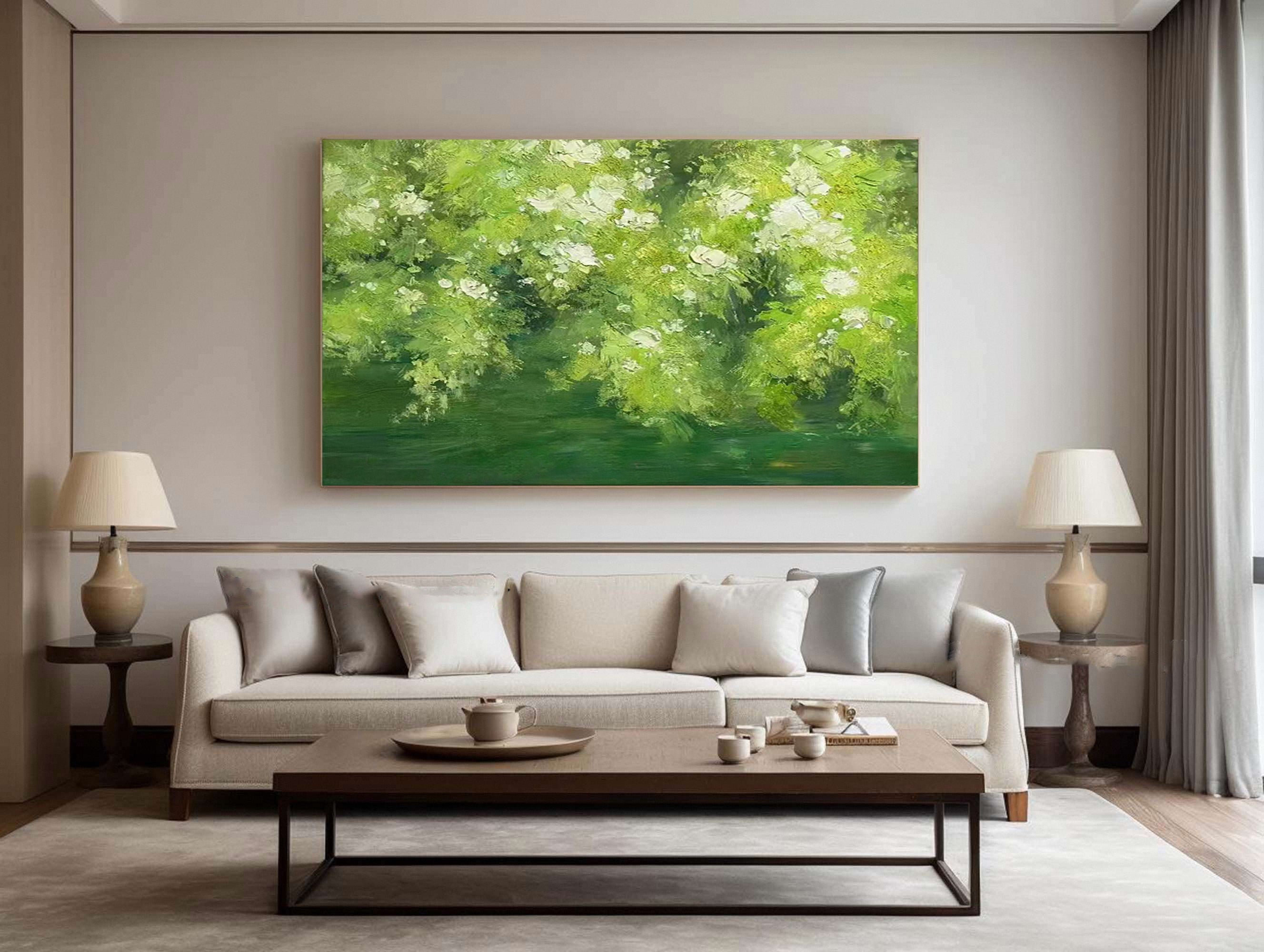 Expressive Canvas of Vibrant Green Foliage and White Flowers #BGA 272