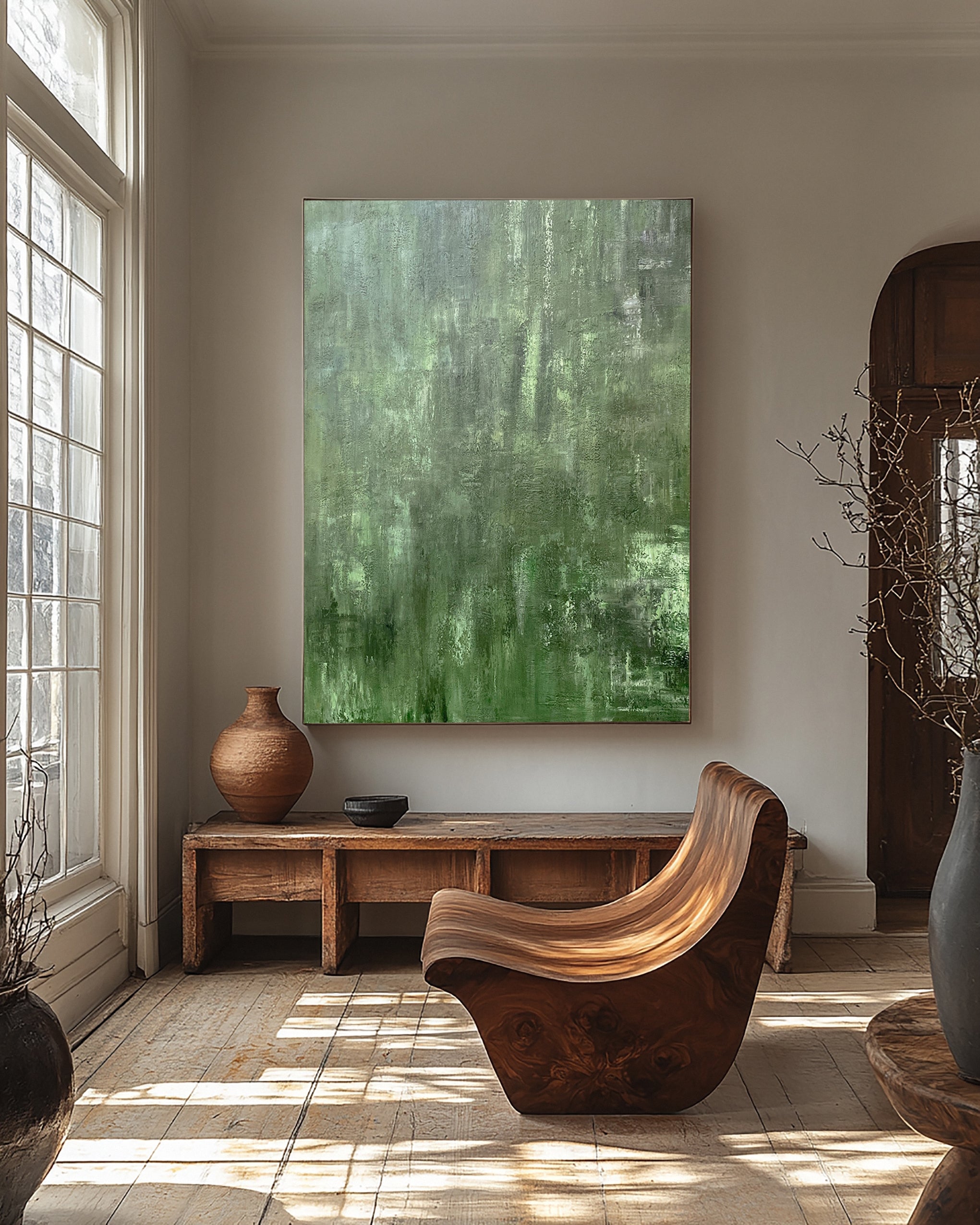 Minimalist Abstract with Textured Brushstrokes in Calm Greens #BGA 216