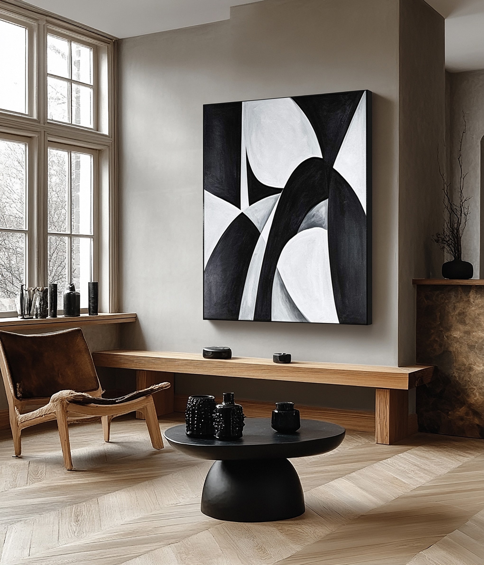 Modern Black And White Abstract Painting with Bold Shapes #BGA 253