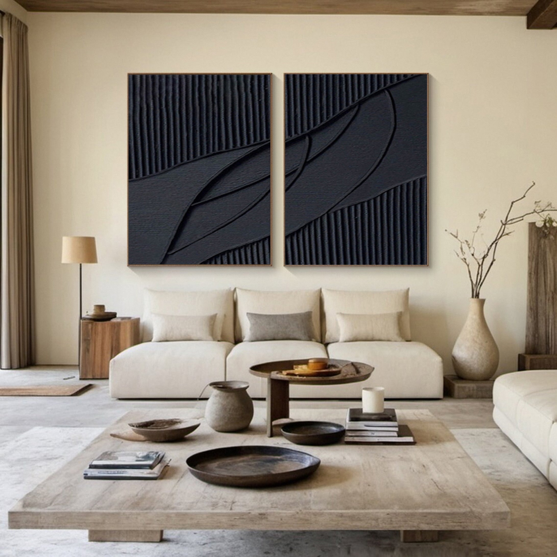 Modern Noir Textured Black Abstract Art Canvas Set Of 2 #BMS 004