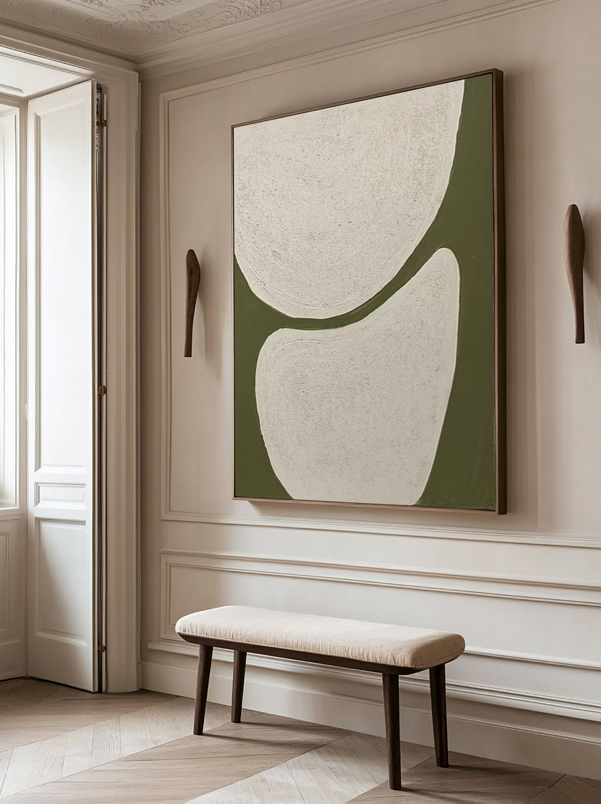 Abstract Canvas with Textured Light Forms on Green Field #BGA 258