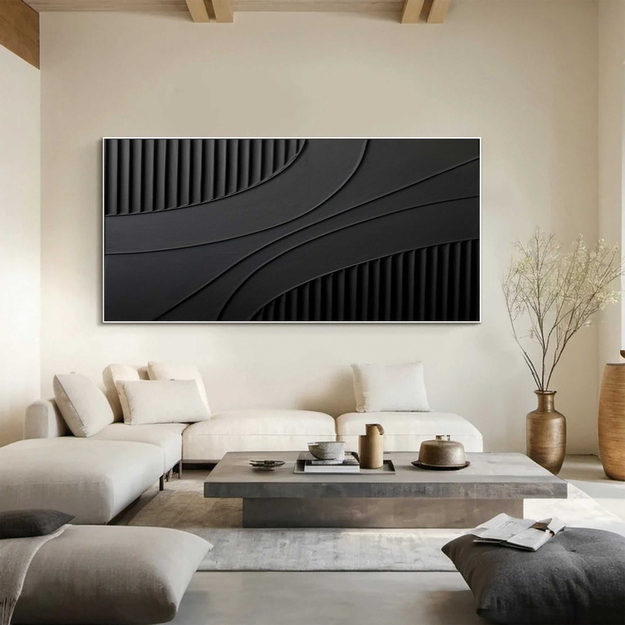 Large Black Art with Sculpted Lines and Overlapping Shapes #BGA 247