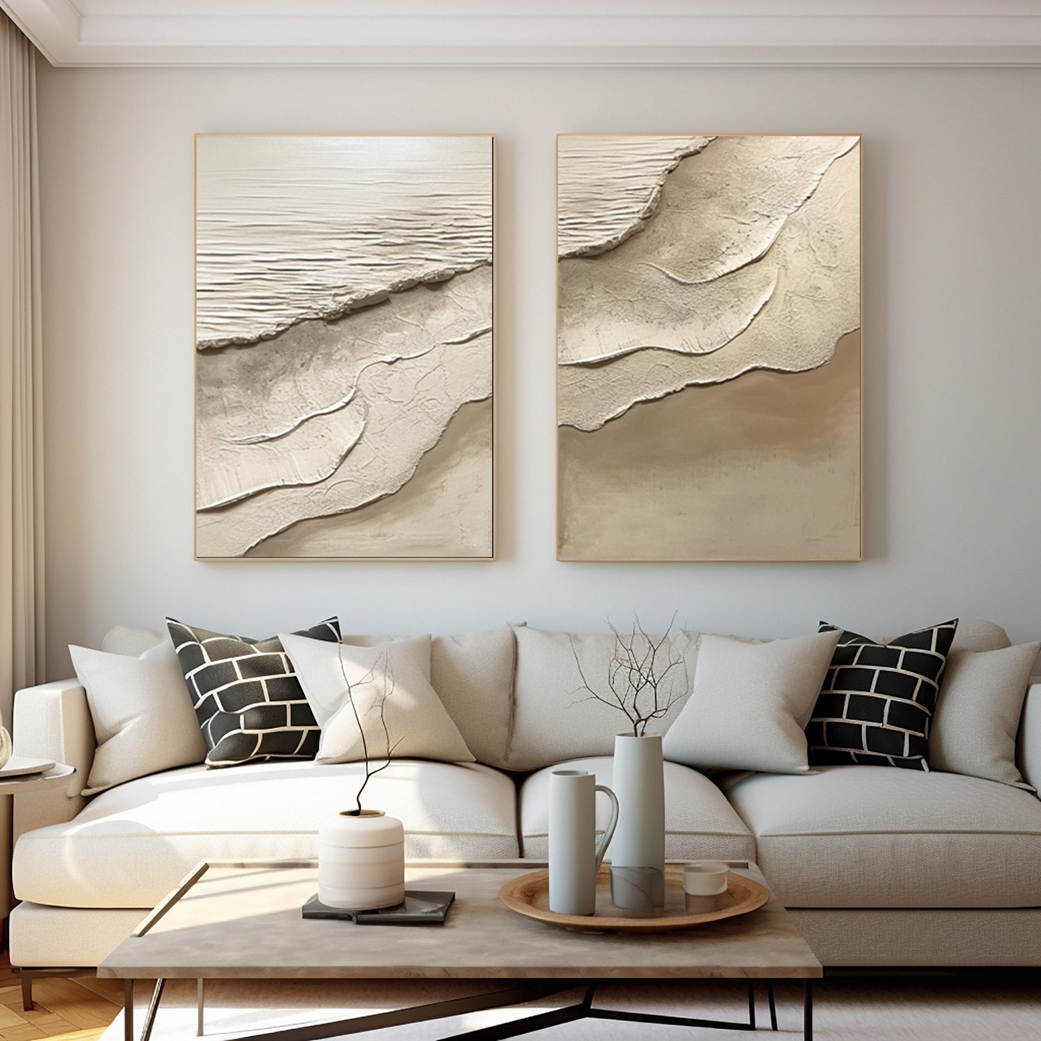 Minimalist Neutral Beach Diptych with Tactile Sand Patterns #BGA 217