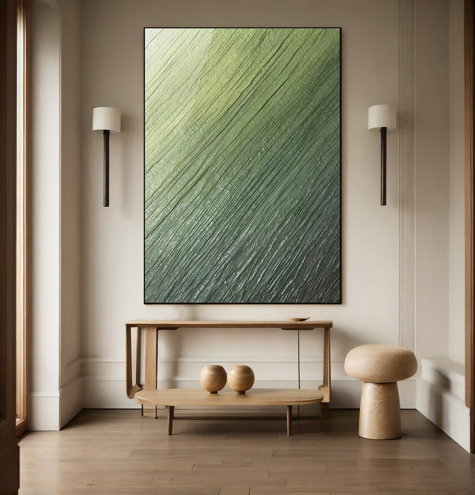 Contemporary Abstract Painting with Diagonal Green Striations #BGA 257