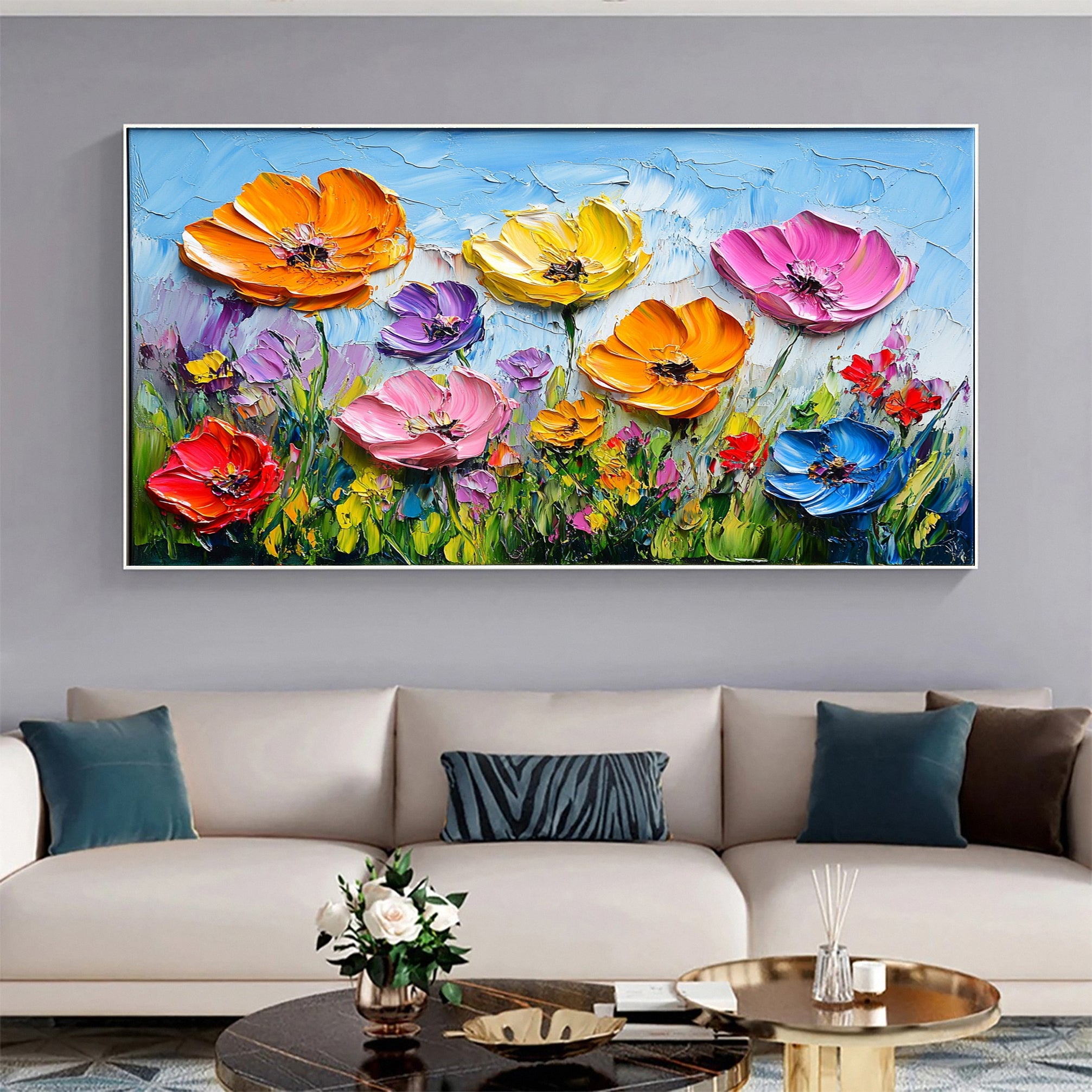 Colorful Lotus Blossom Canvas Art Hand-Painted Floral Wall Decor #FT 049
