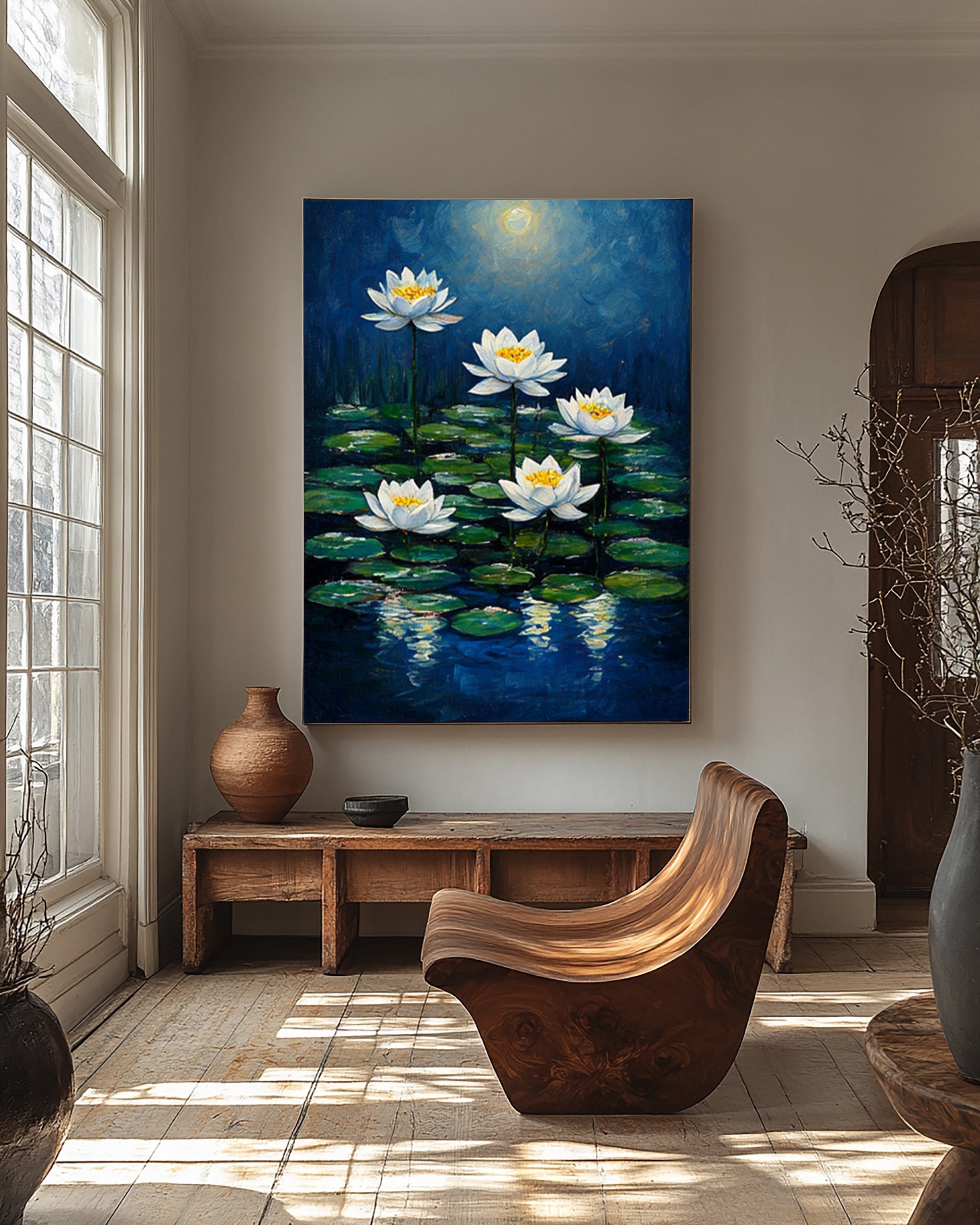 Modern Painting with Soft Light Illuminating Lilies on Dark Water #BGA 277