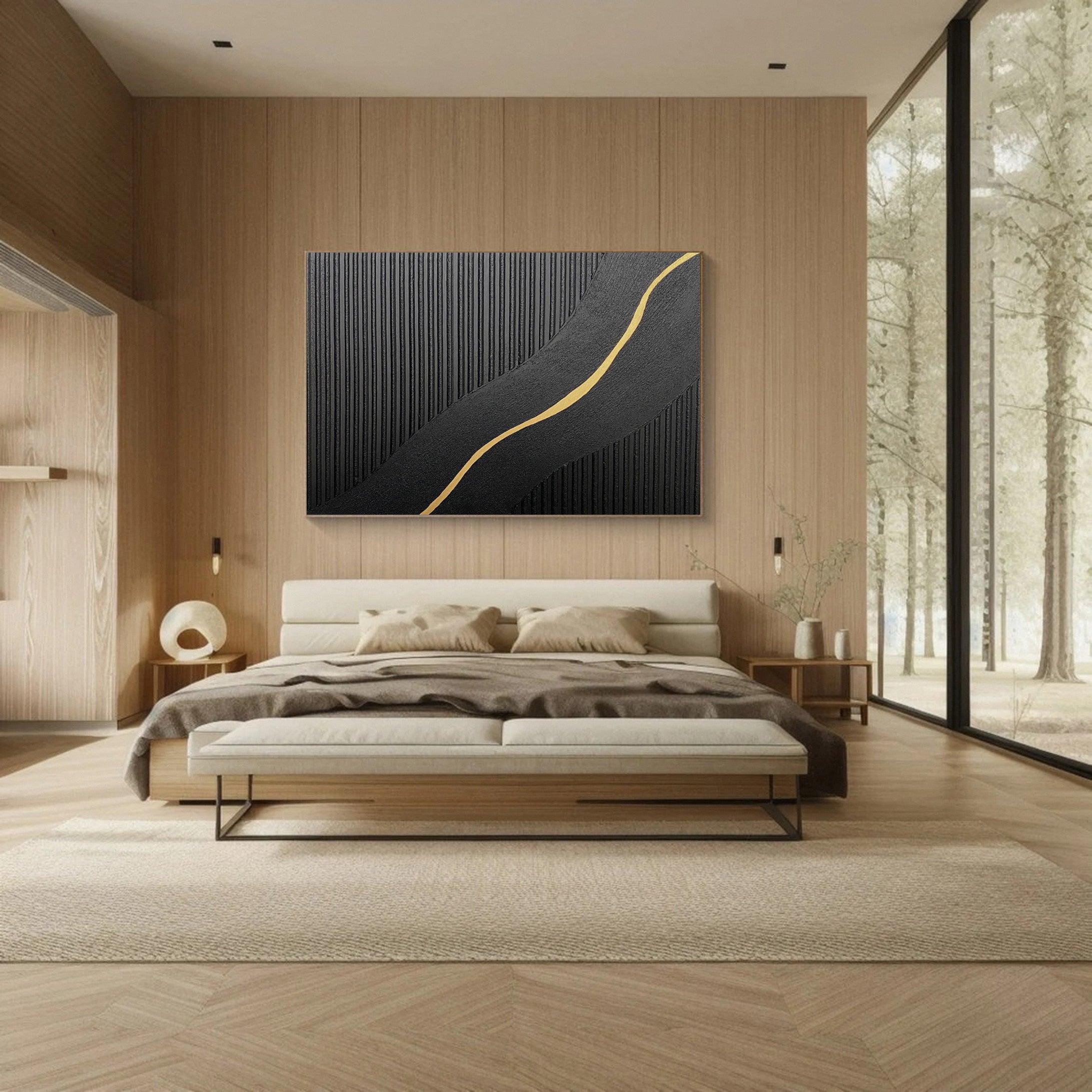 Contemporary Black Impasto with a Diagonal Line of Gold #BGA 227
