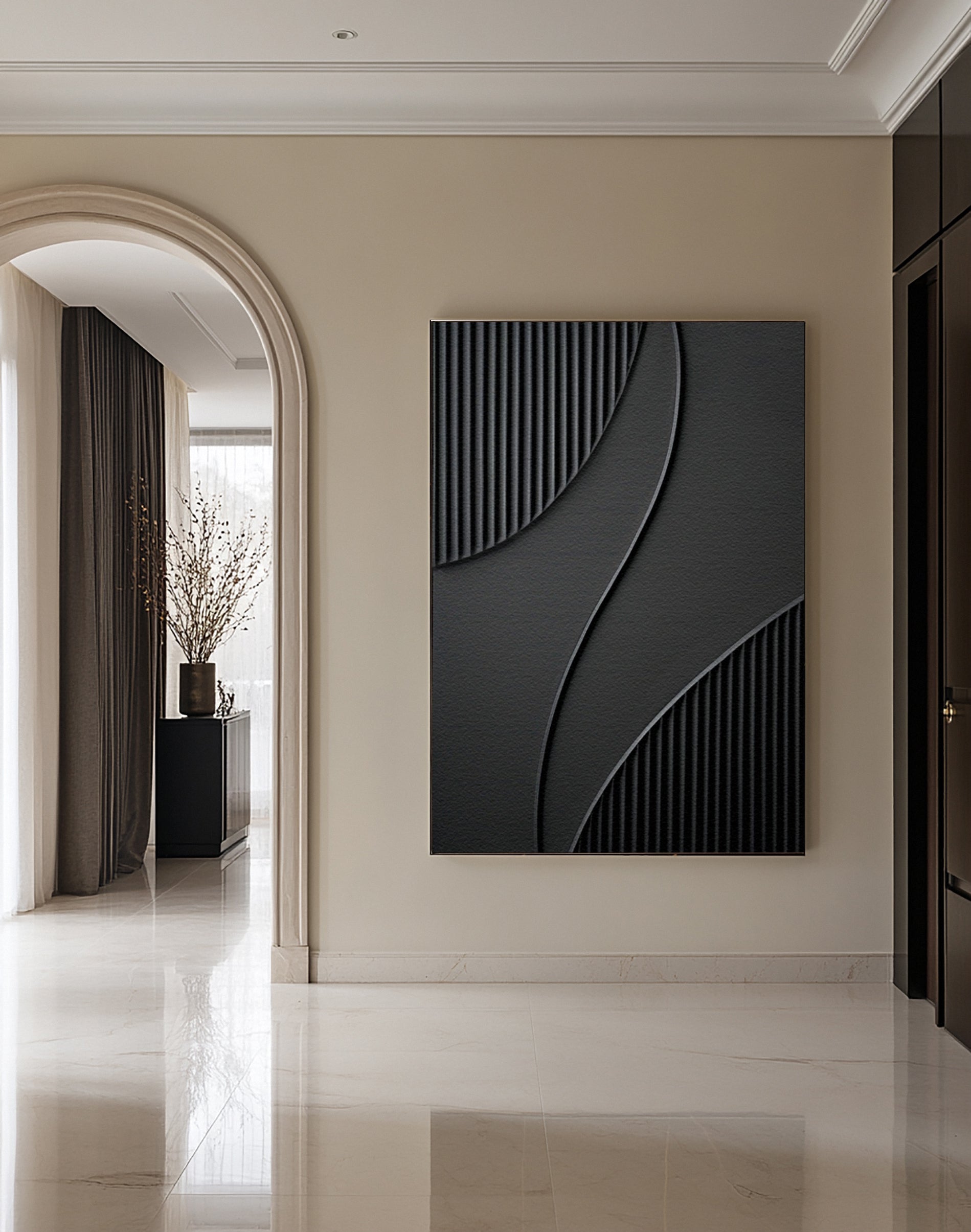 Modern Painting with Tactile Grooves and Flowing Black Forms #BGA 245