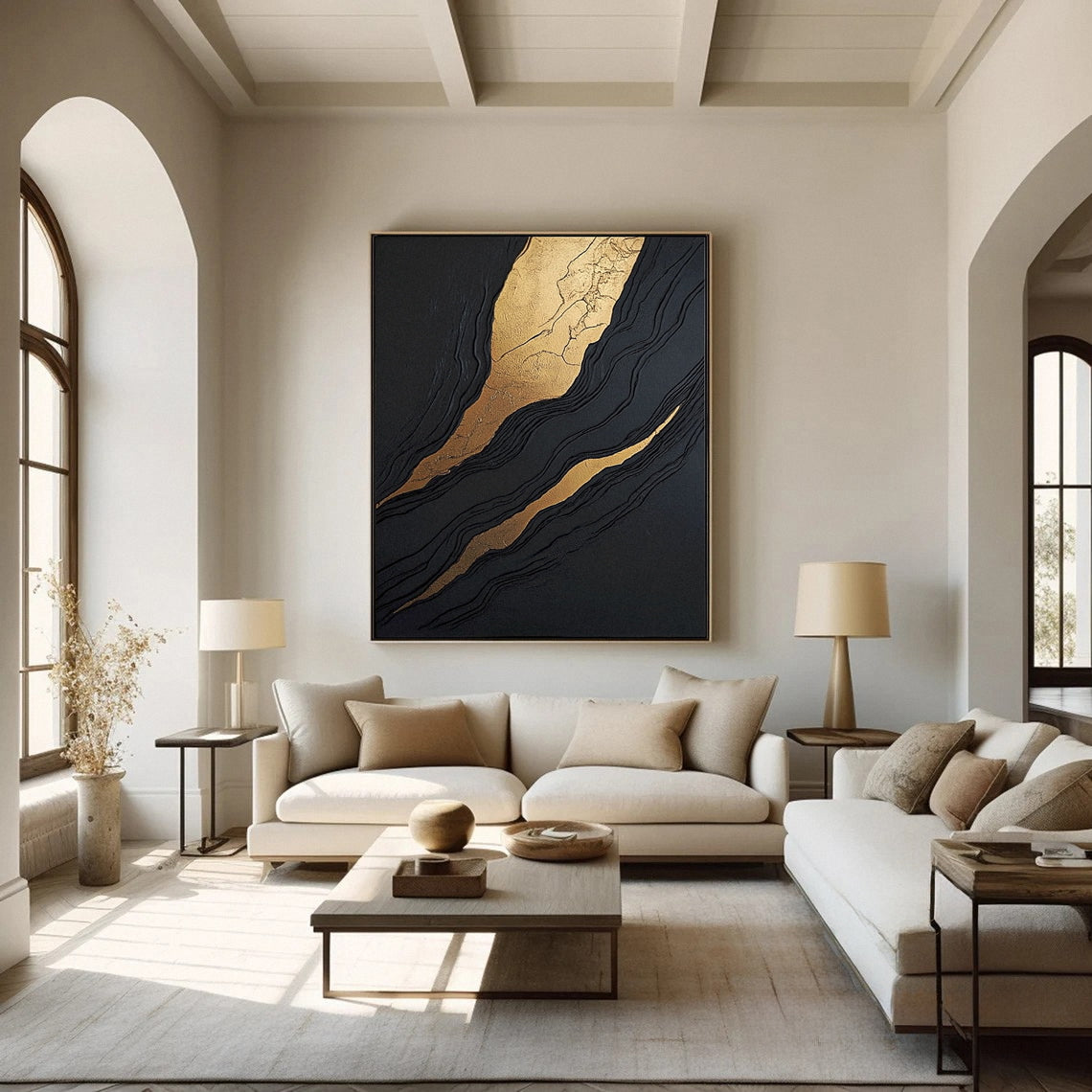 Luxury Waves Black and Gold Abstract Canvas Art #BM 084