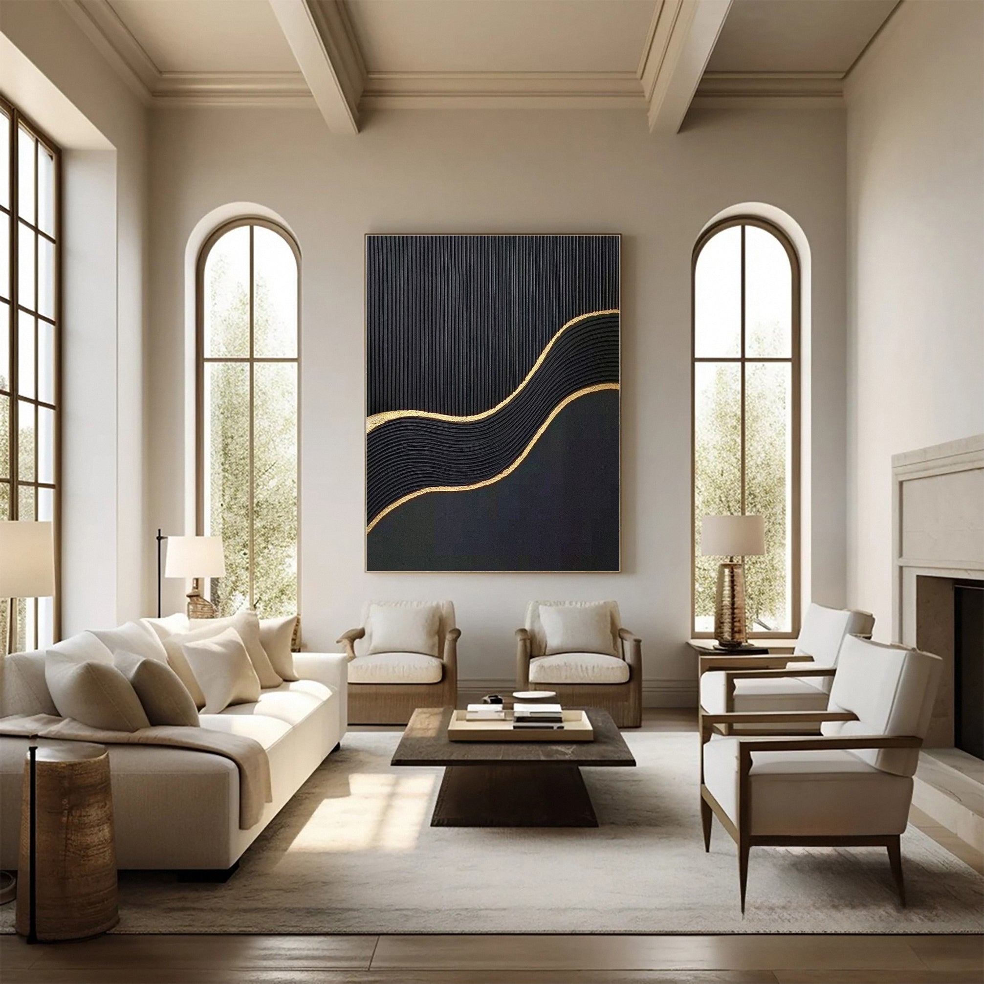 Luxury Waves Black and Gold Abstract Canvas Art #BM 079