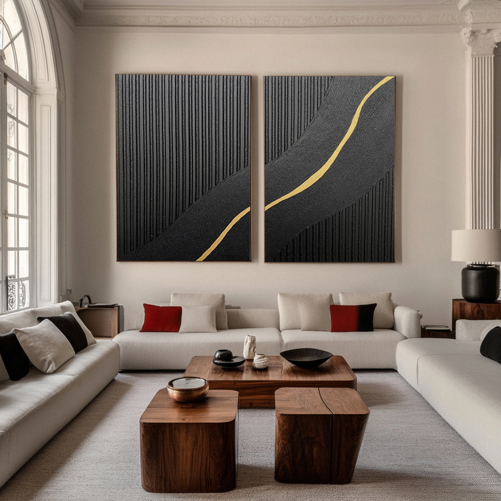 Contemporary Black Impasto Diptych with Flowing Gold Current #BGA 228