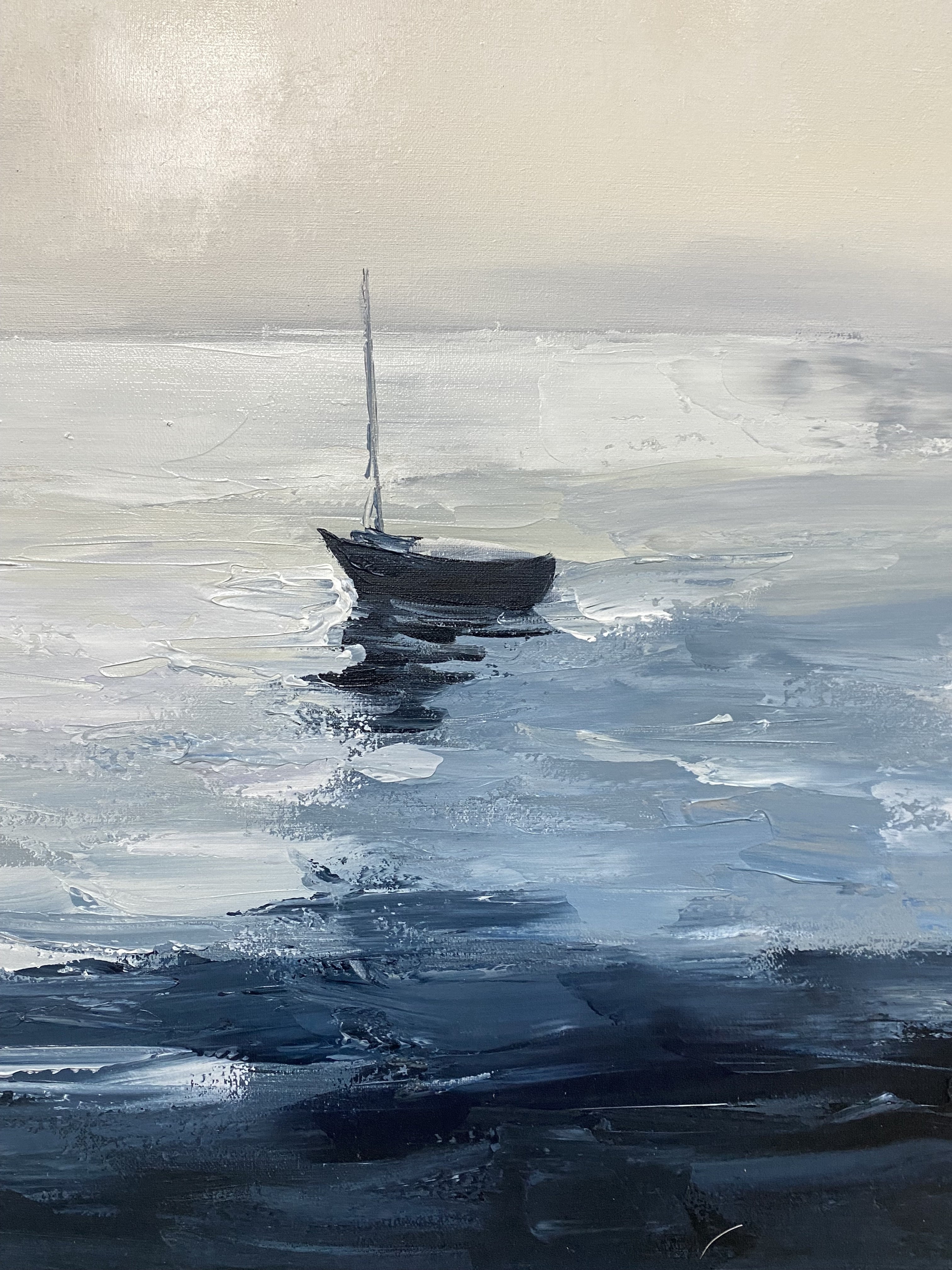 Minimalist Marine Art with Two Boats on a Calm, Cloudy Sea #BGA 280