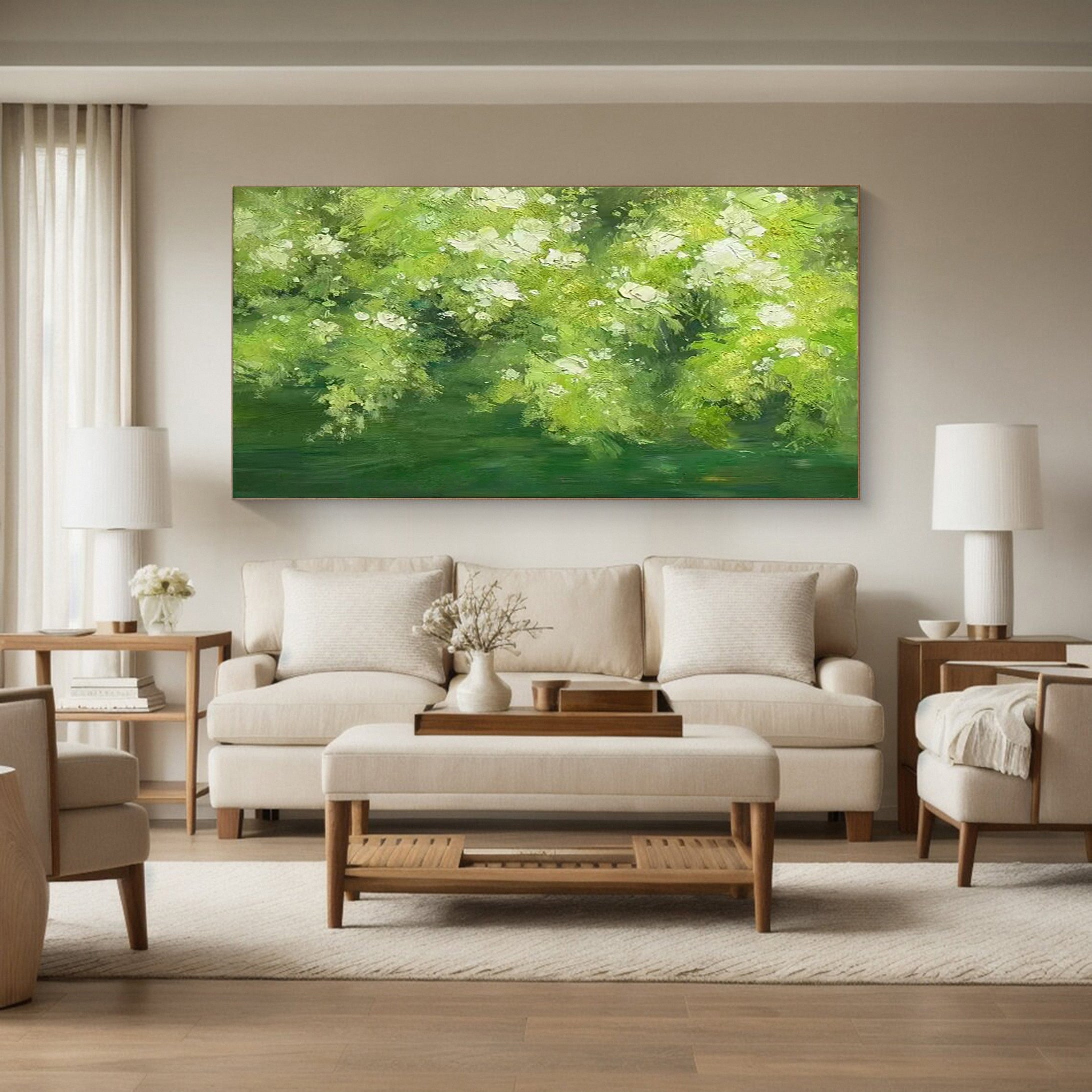 Expressive Canvas of Vibrant Green Foliage and White Flowers #BGA 272