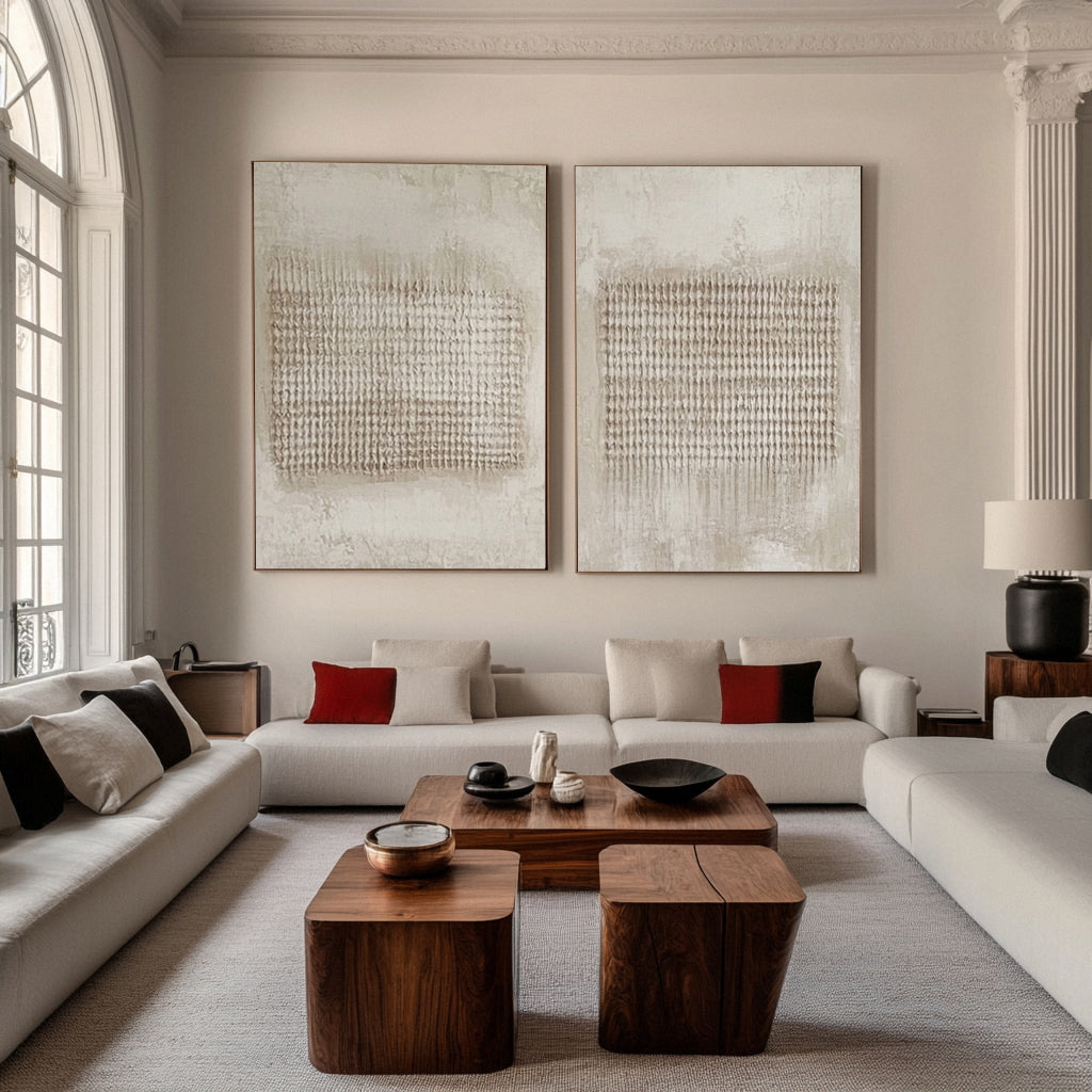 Modern Abstract Diptych with Textured Vertical Inscriptions #BGA 240