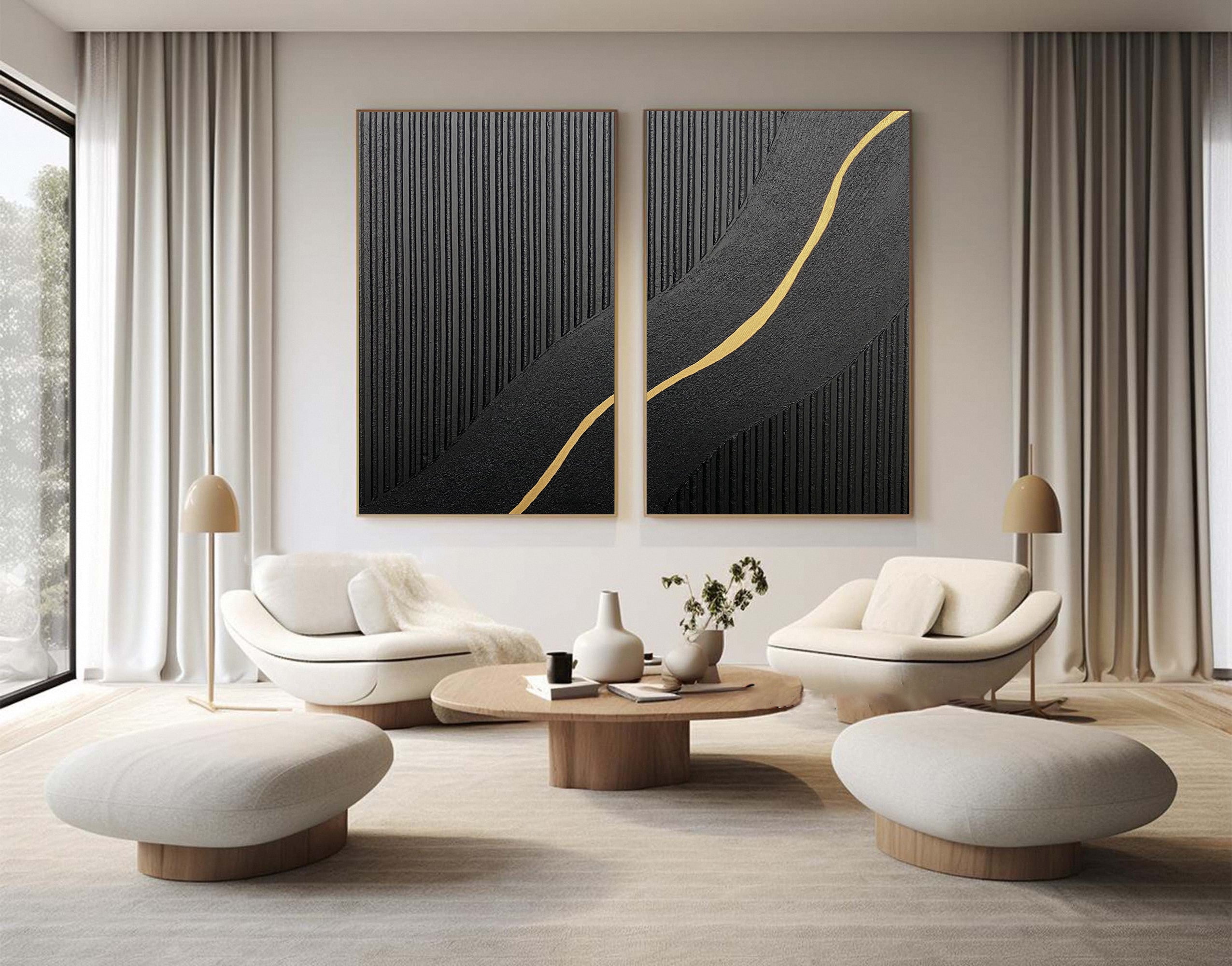 Contemporary Black Impasto Diptych with Flowing Gold Current #BGA 228