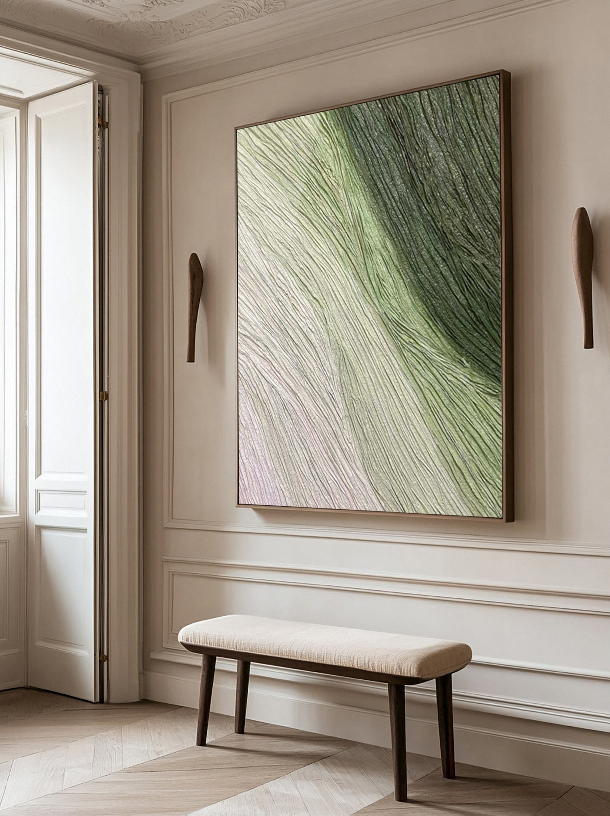 Green Modern Abstract Canvas with Gentle Textured Lines #BGA 267