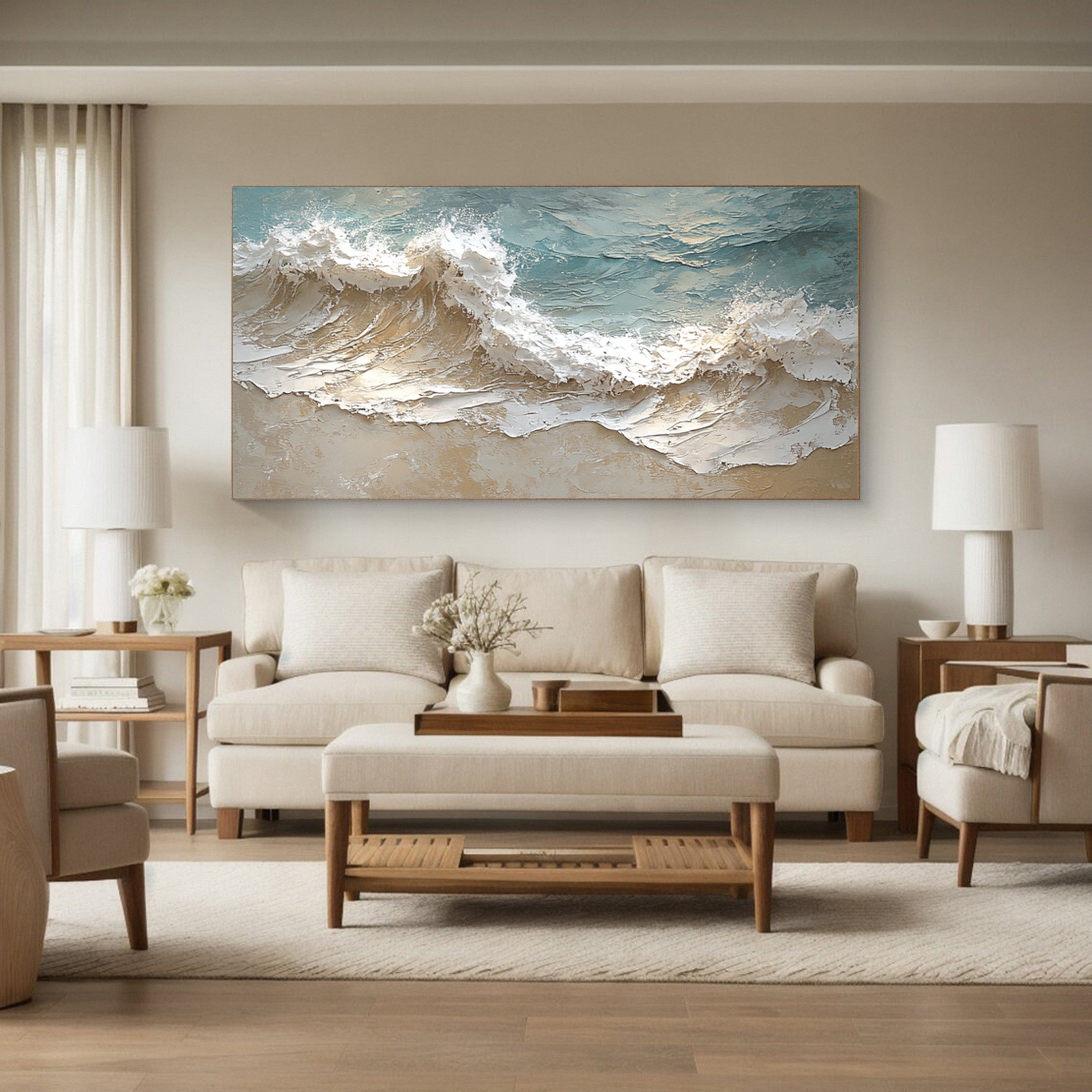 Textured Seascape Painting Blue White Sand Modern #WG 037