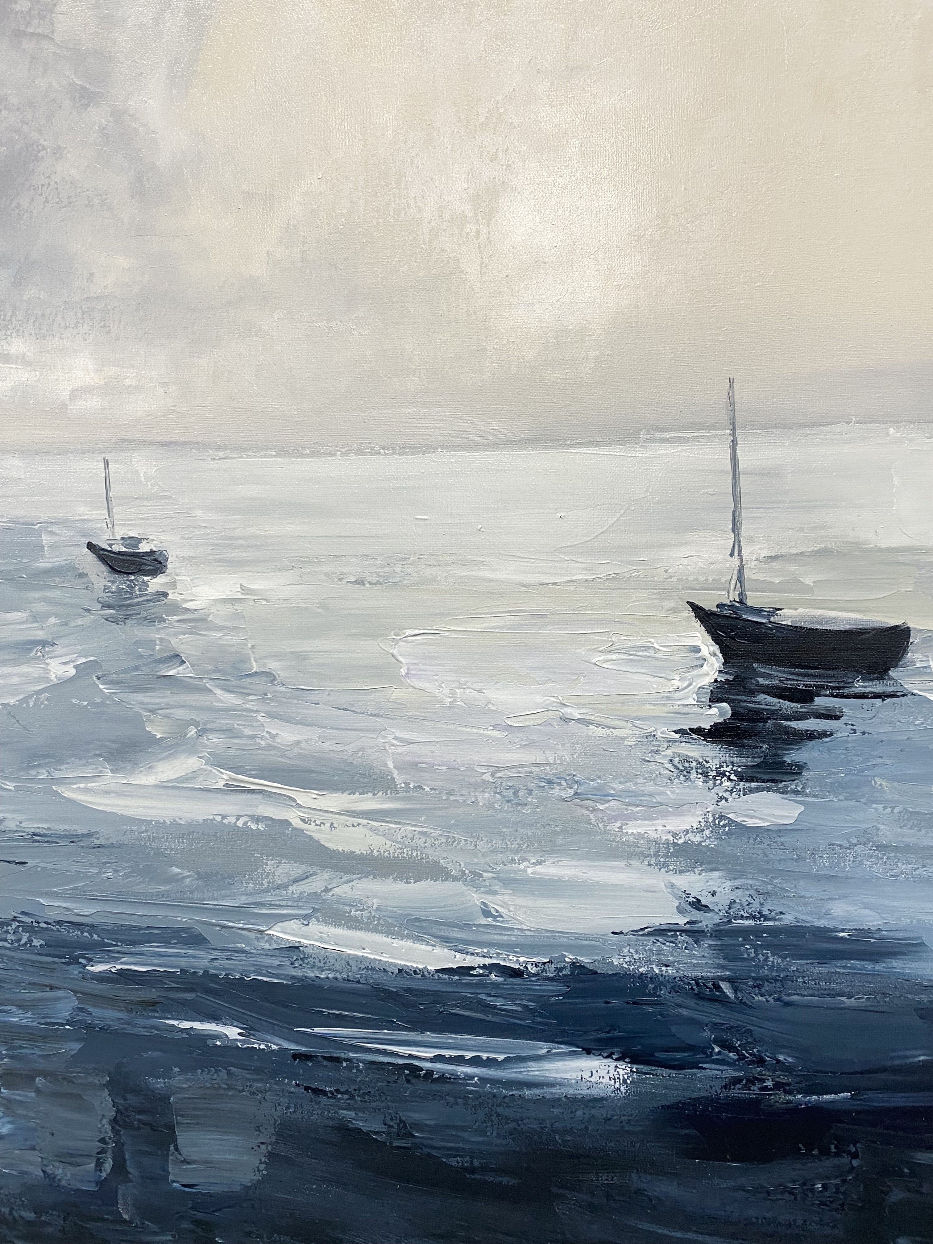 Minimalist Marine Art with Two Boats on a Calm, Cloudy Sea #BGA 280