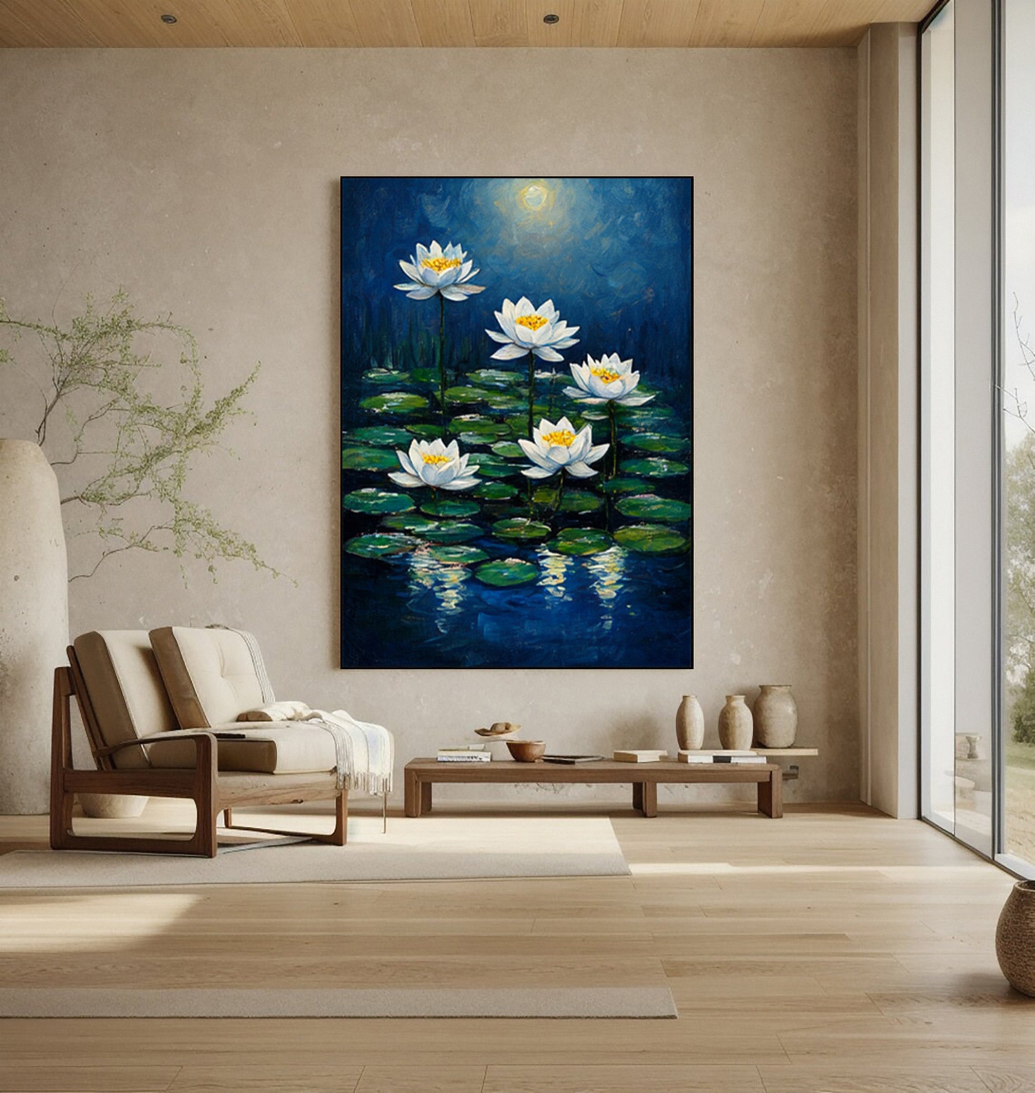 Modern Painting with Soft Light Illuminating Lilies on Dark Water #BGA 277