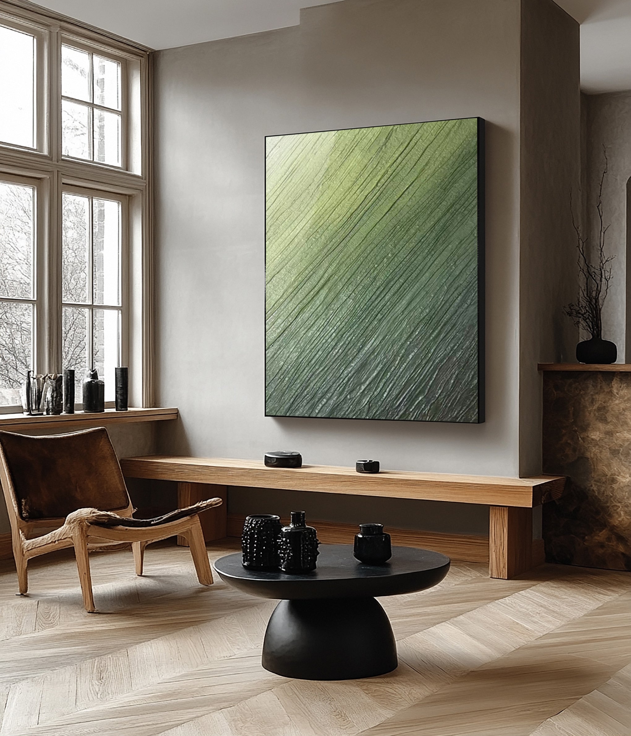 Contemporary Abstract Painting with Diagonal Green Striations #BGA 257