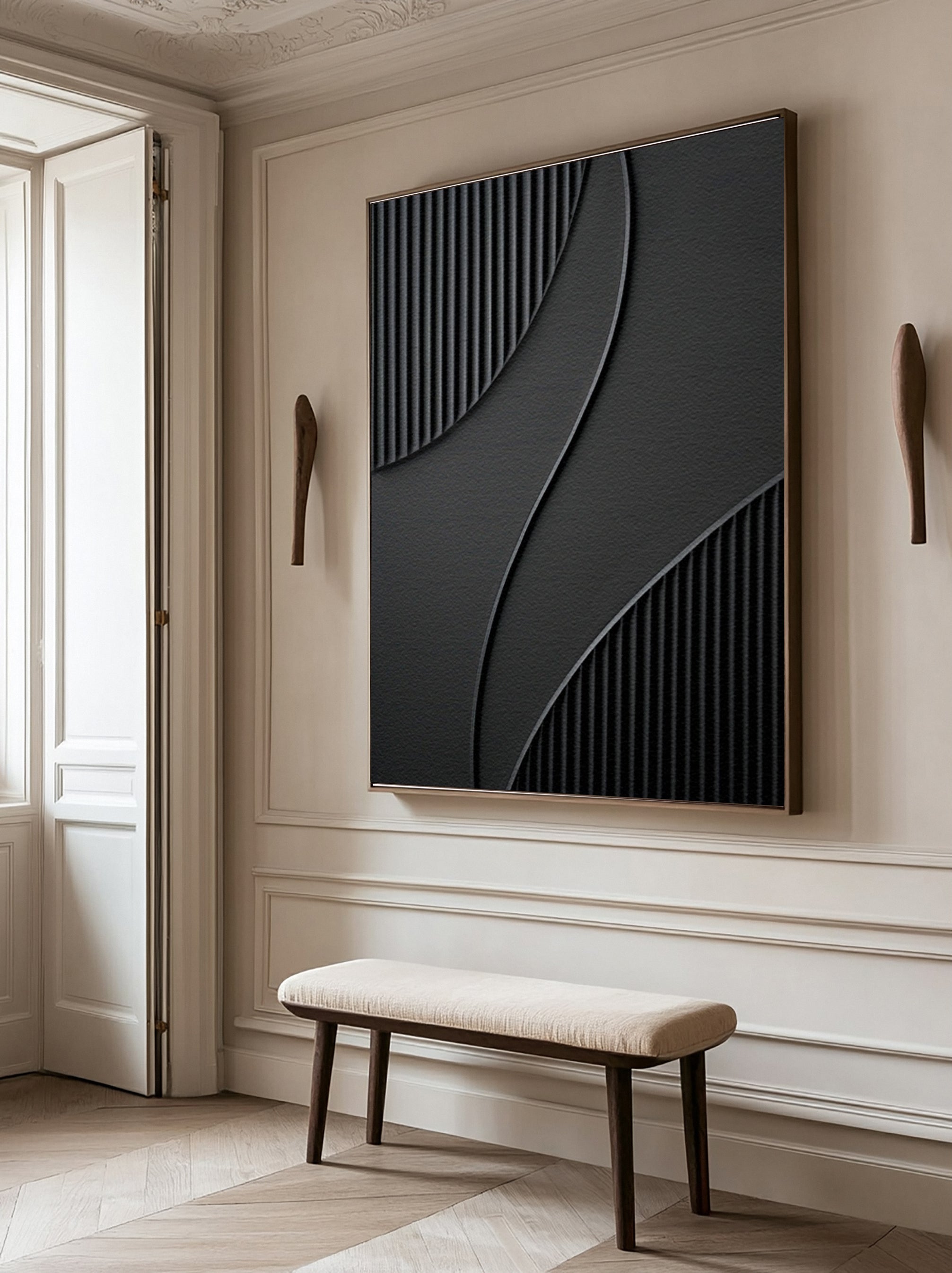 Modern Painting with Tactile Grooves and Flowing Black Forms #BGA 245