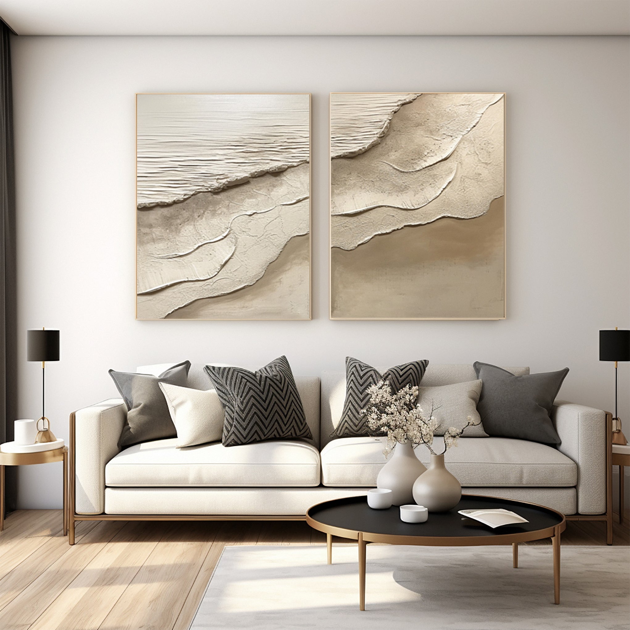 Minimalist Neutral Beach Diptych with Tactile Sand Patterns #BGA 217