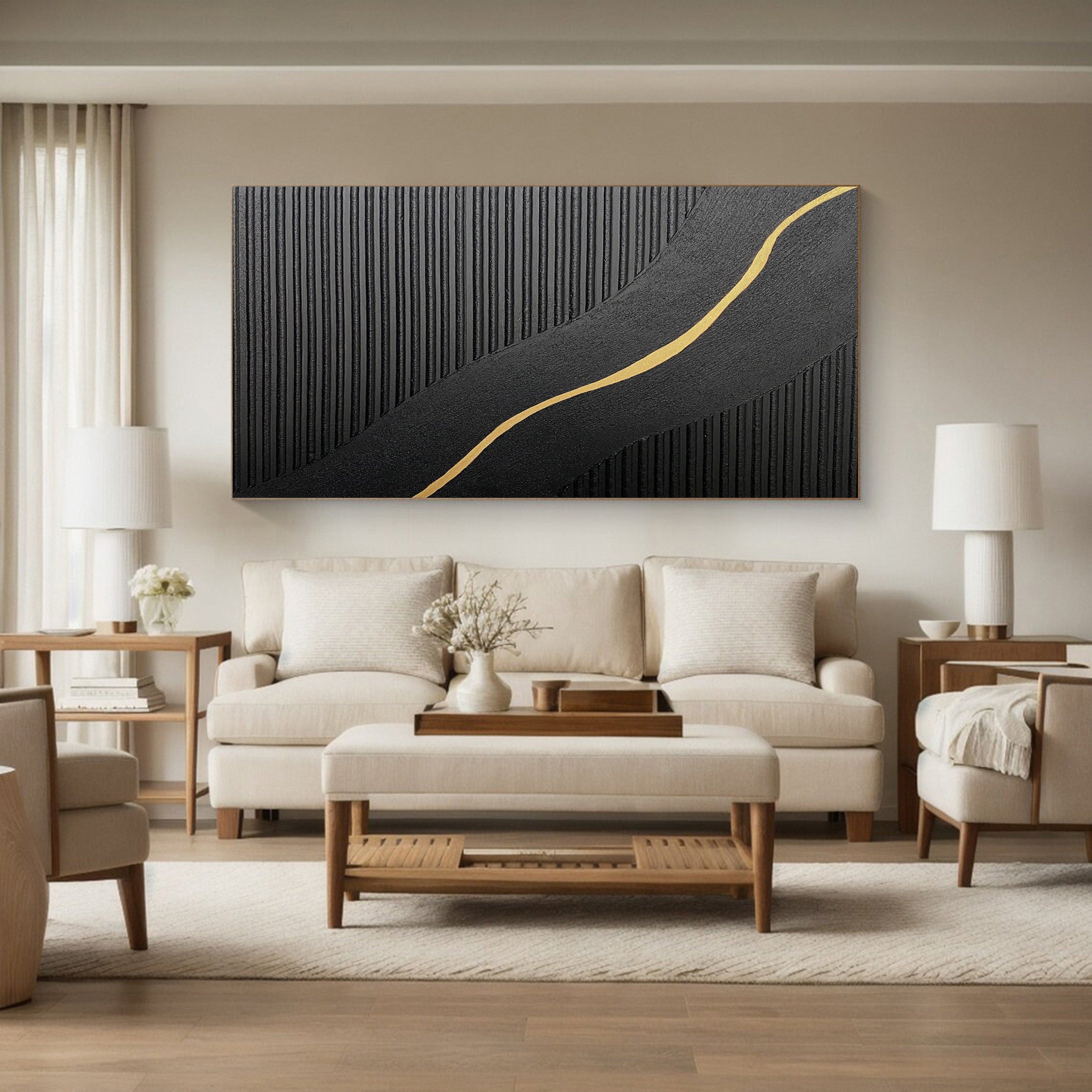 Contemporary Black Impasto with a Diagonal Line of Gold #BGA 227