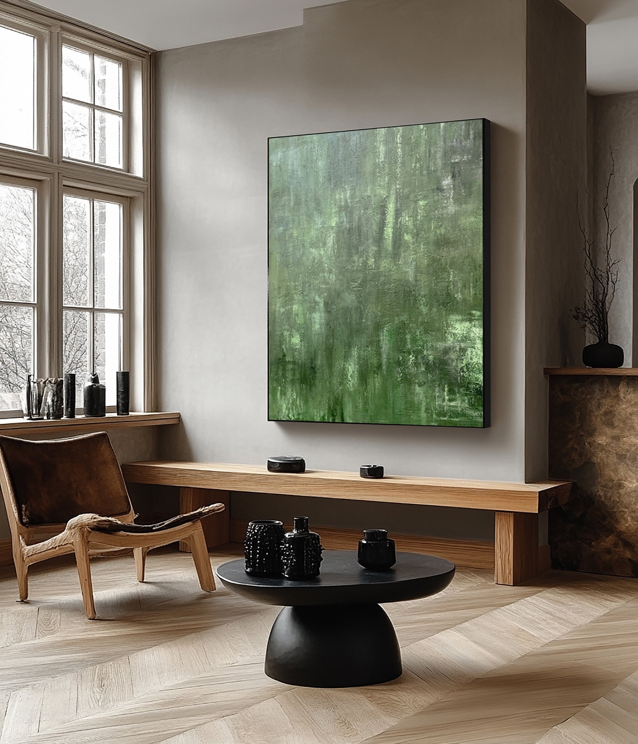 Minimalist Abstract with Textured Brushstrokes in Calm Greens #BGA 216