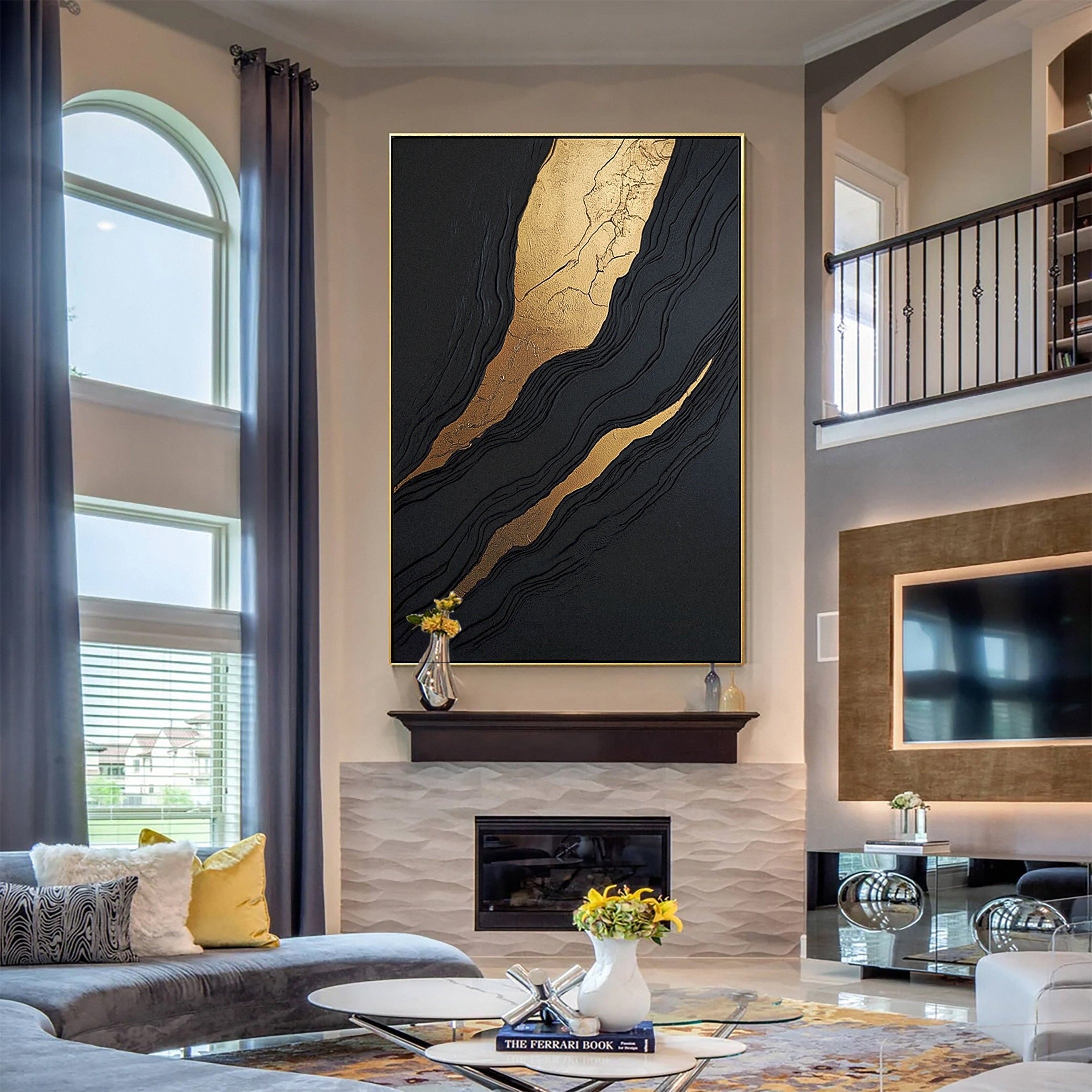 Luxury Waves Black and Gold Abstract Canvas Art #BM 084